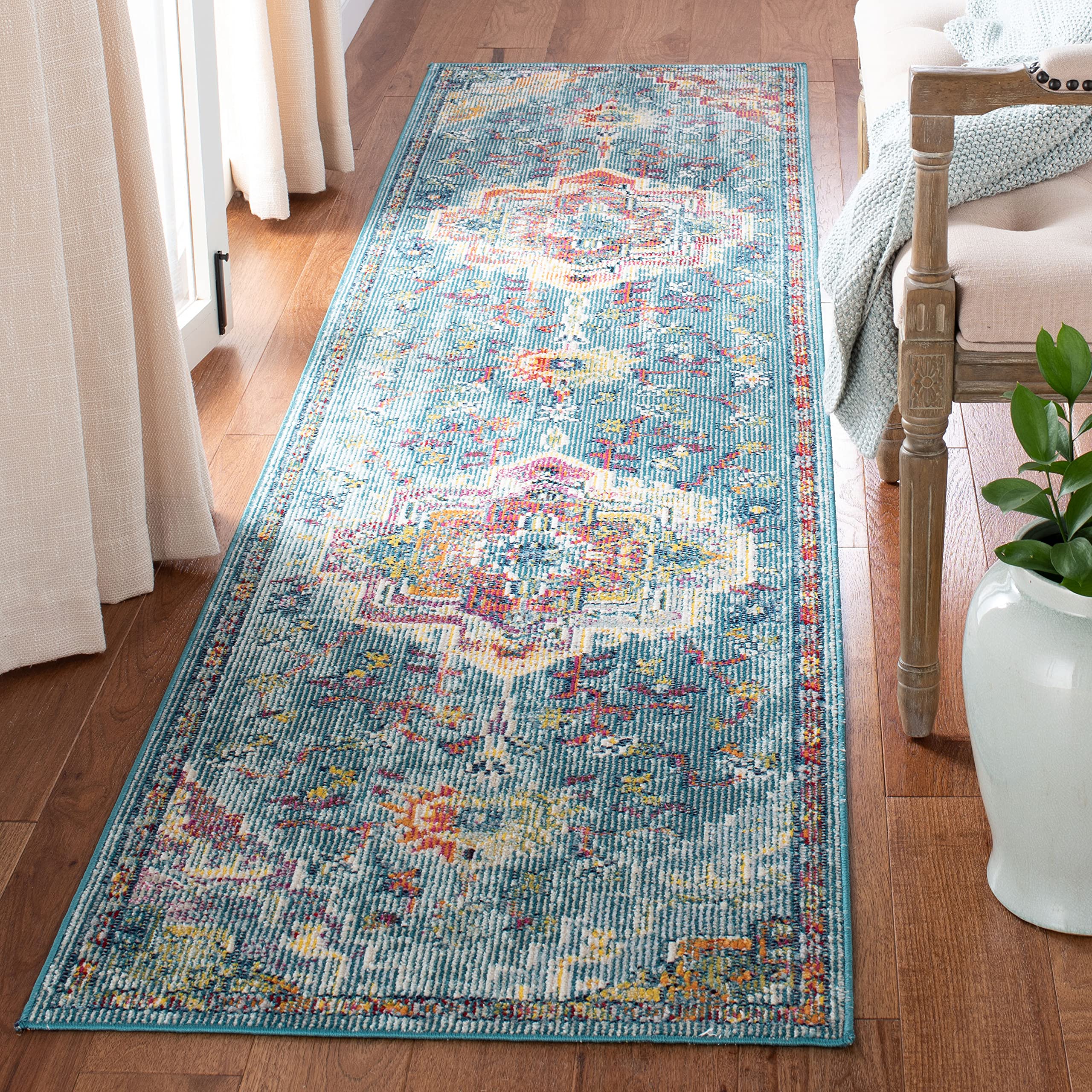 Safavieh Crystal Collection Runner Rug - 22 x 19, Teal & Orange, Medallion Distressed Design, Non-Shedding & Easy Care, Ideal 