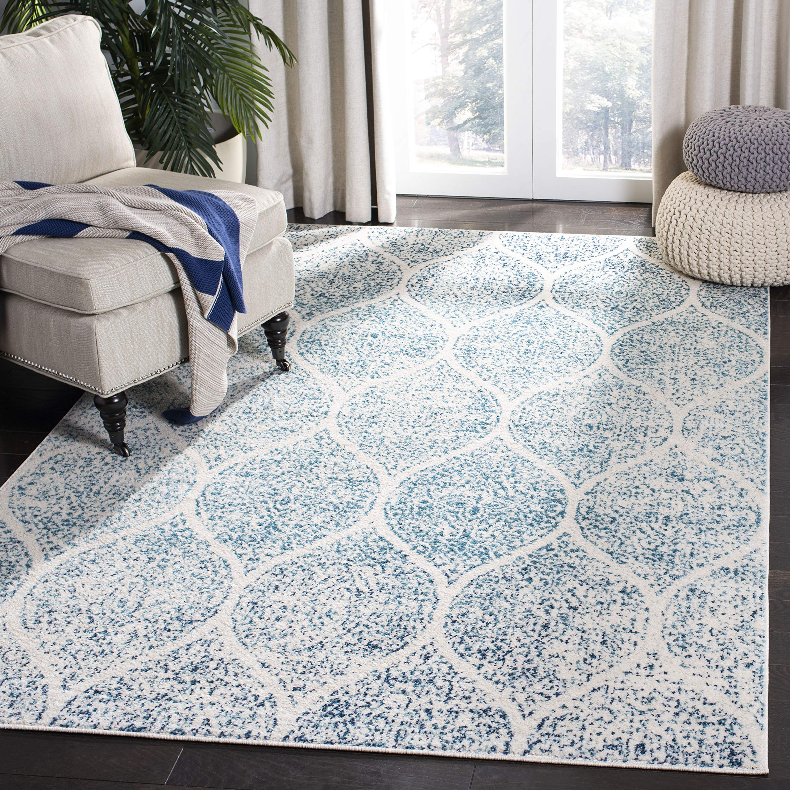 SAFAVIEH Madison Collection 4 Square Cream / Turquoise MAD604E Glam Ogee Trellis Distressed Non-Shedding Living Room Bedroom Ac
