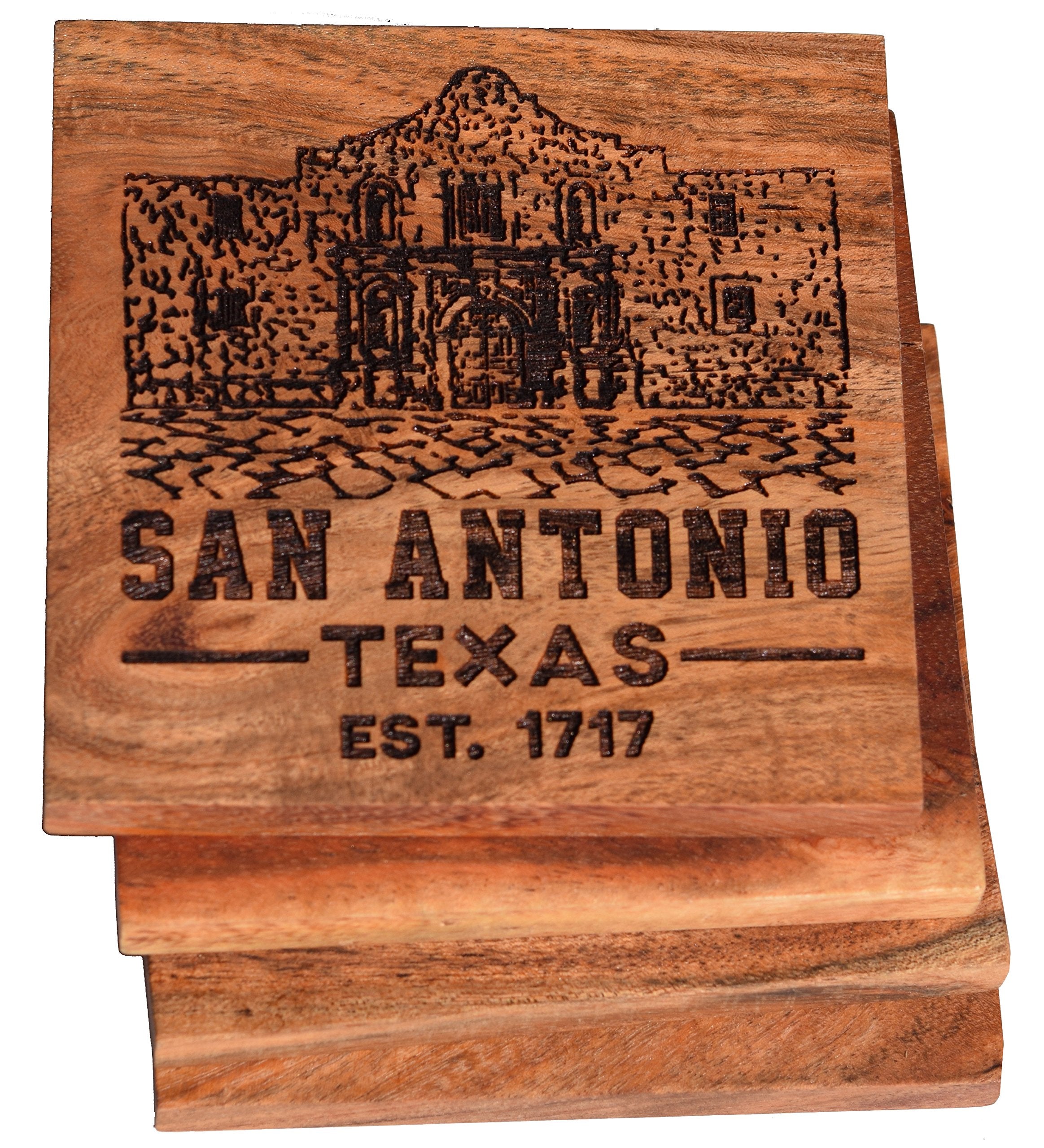 San Antonio Coasters, San Antonio The Alamo Drink Coasters - San Antonio Gifts & Souvenirs, Engraved Acacia Wood Coasters with S