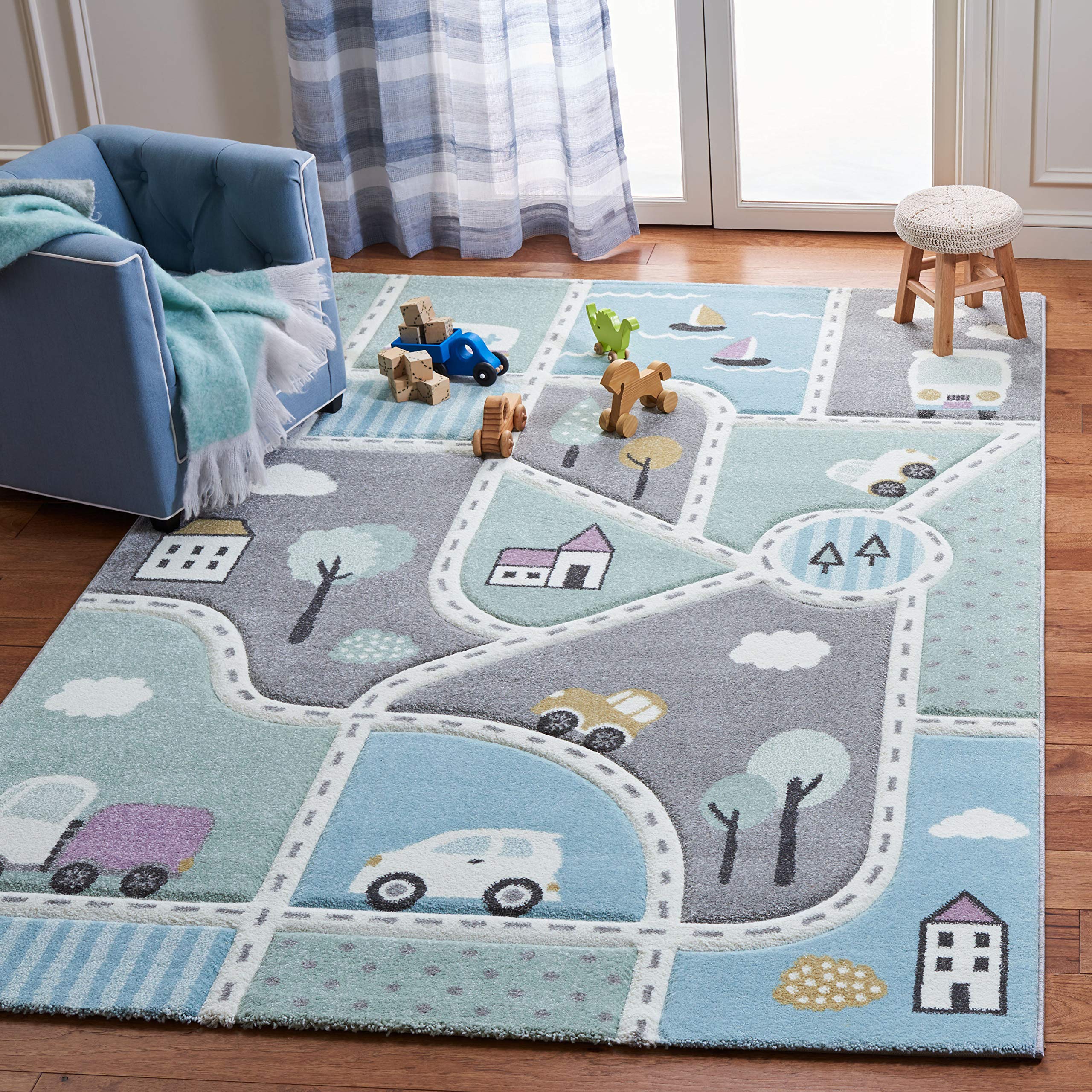 Safavieh Carousel Kids Collection Area Rug - 53 x 76, Grey & Light Blue, Non-Shedding & Easy Care, Ideal for High Traffic Area