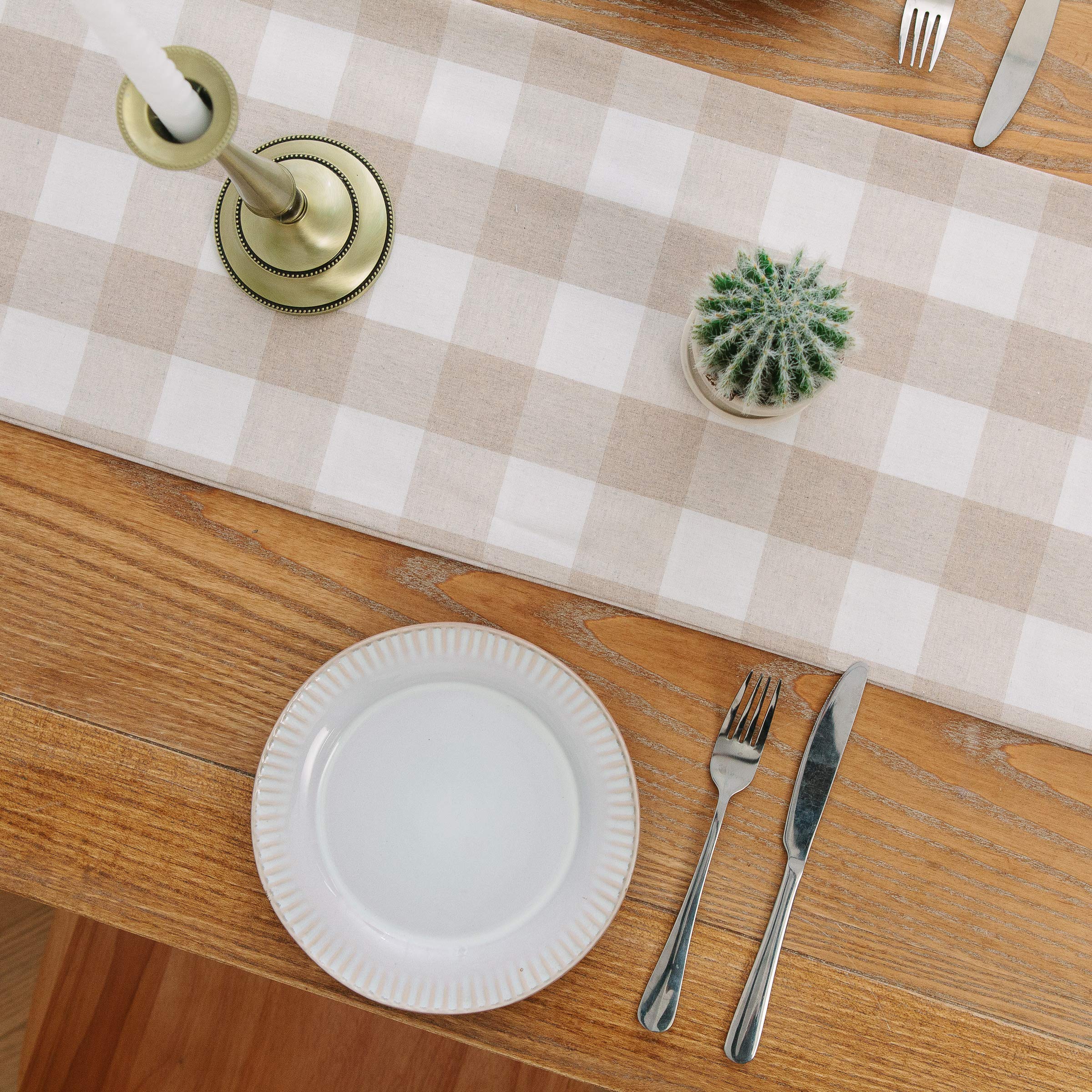 Natus Weaver Beige & White 2 Piece Fabric In 1 Cotton Buffalo Check Table Runner Cloth For Family Dinners Or Gatherings, Indoor