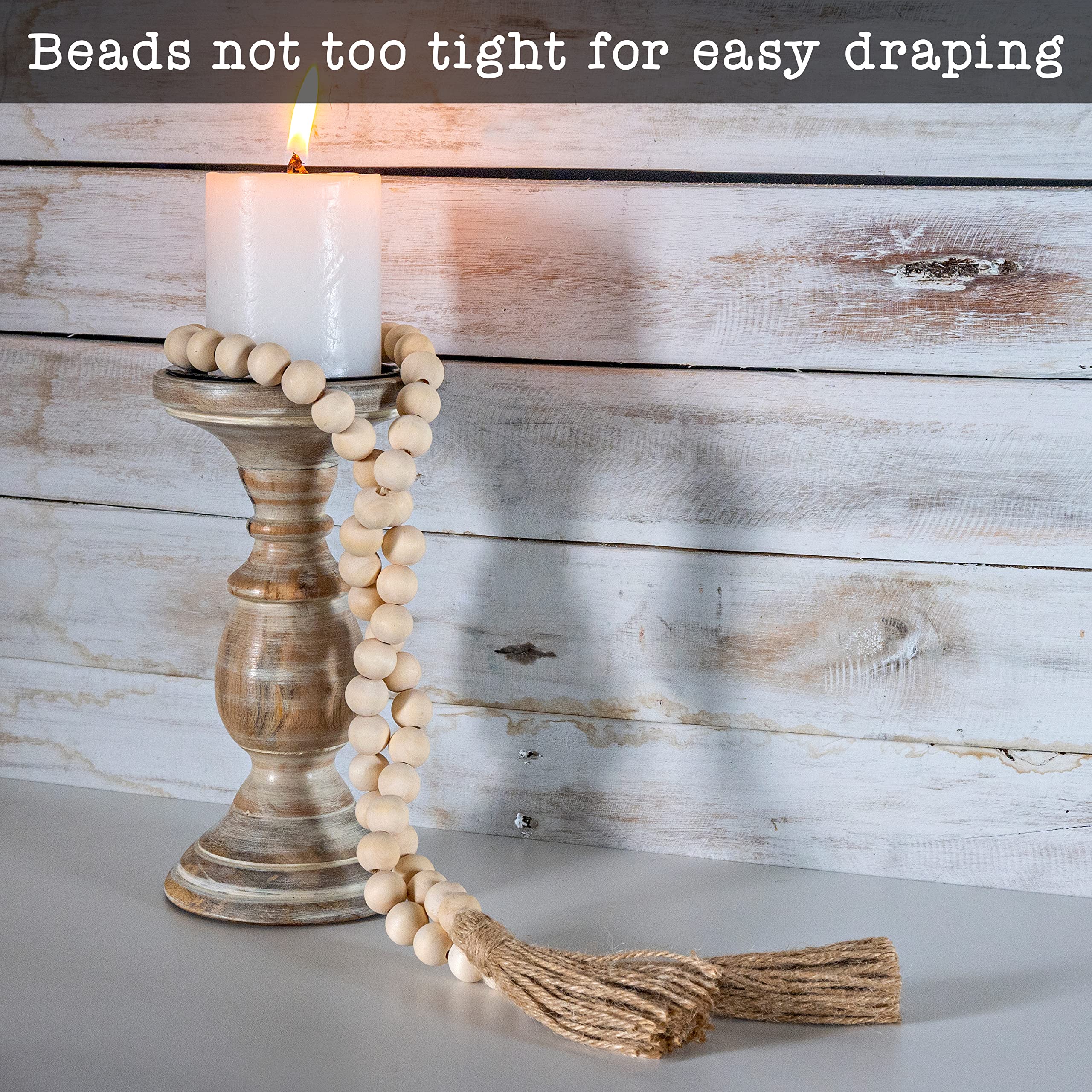 Decorative Wood Bead Garland Home Decor, Farmhouse Garland Beads with Tassel, Wooden Tier Tray Rustic Prayer Boho, Wooden Farmho