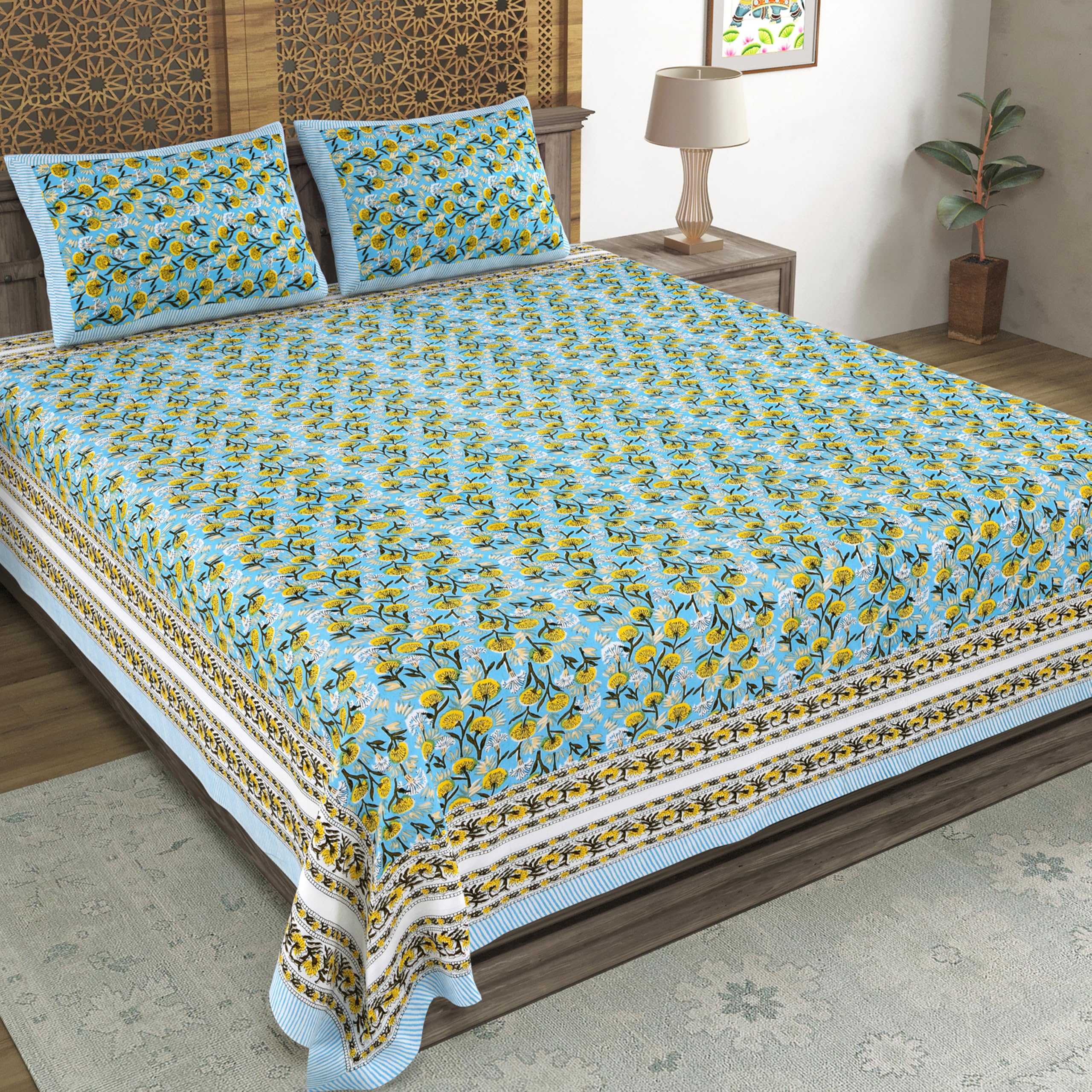 Blocks Of India Hand Block Printed 200 Tc Cotton King Size Bedsheet (Blue Gad Buti)