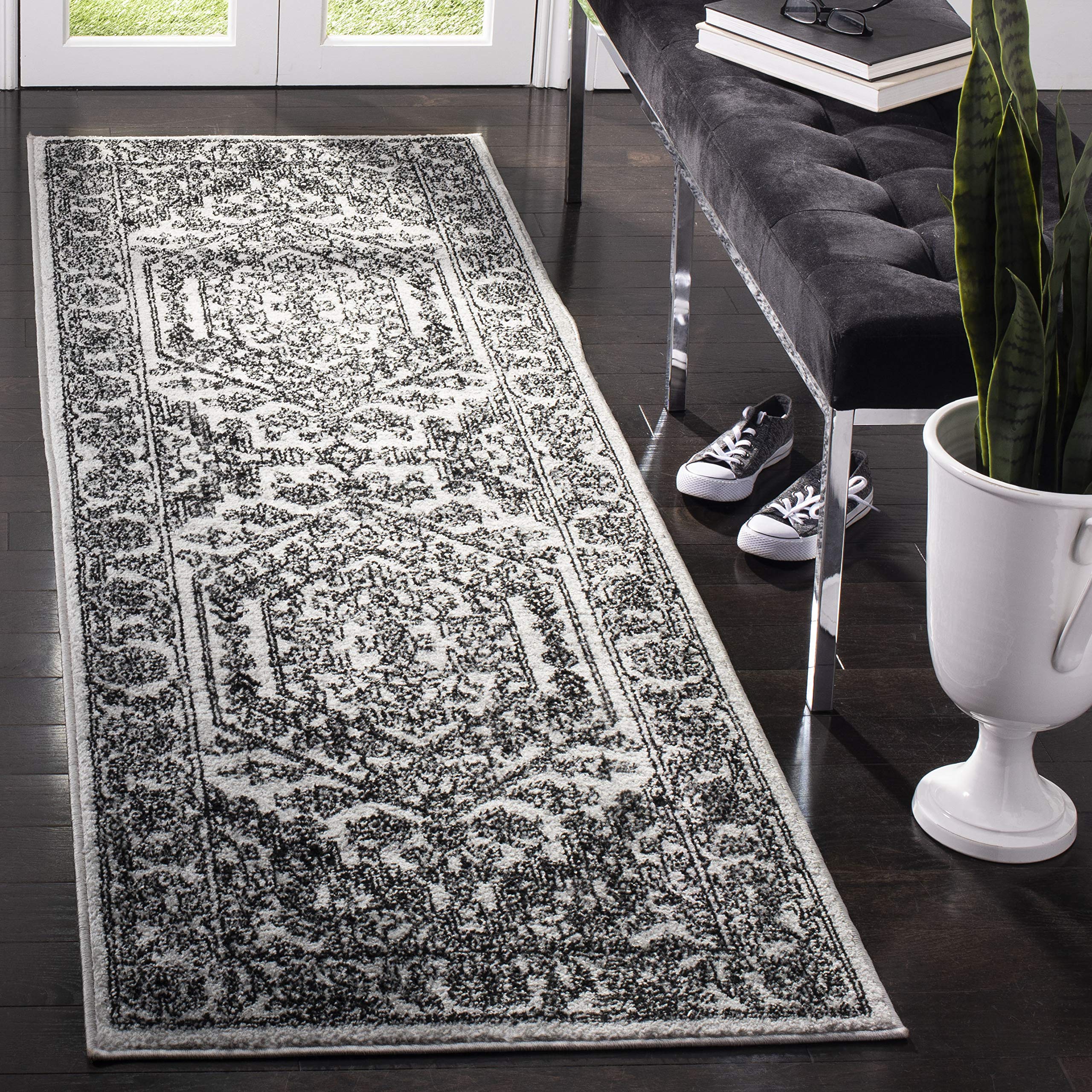 SAFAVIEH Adirondack Collection Accent Rug - 26 x 4, Silver & Black, Oriental Medallion Design, Non-Shedding & Easy Care, Ideal