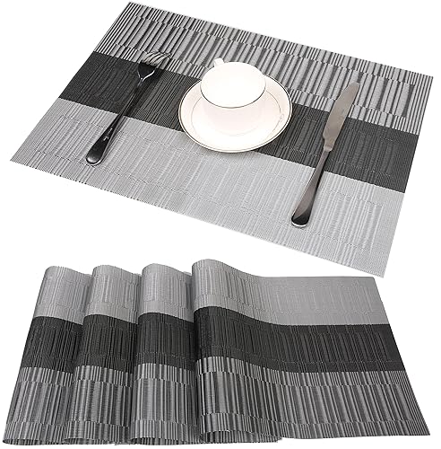 Famibay Bamboo Pvc Weave Placemats Non-Slip Kitchen Table Mats Set Of 4-30X45 Cm (Black And Grey)