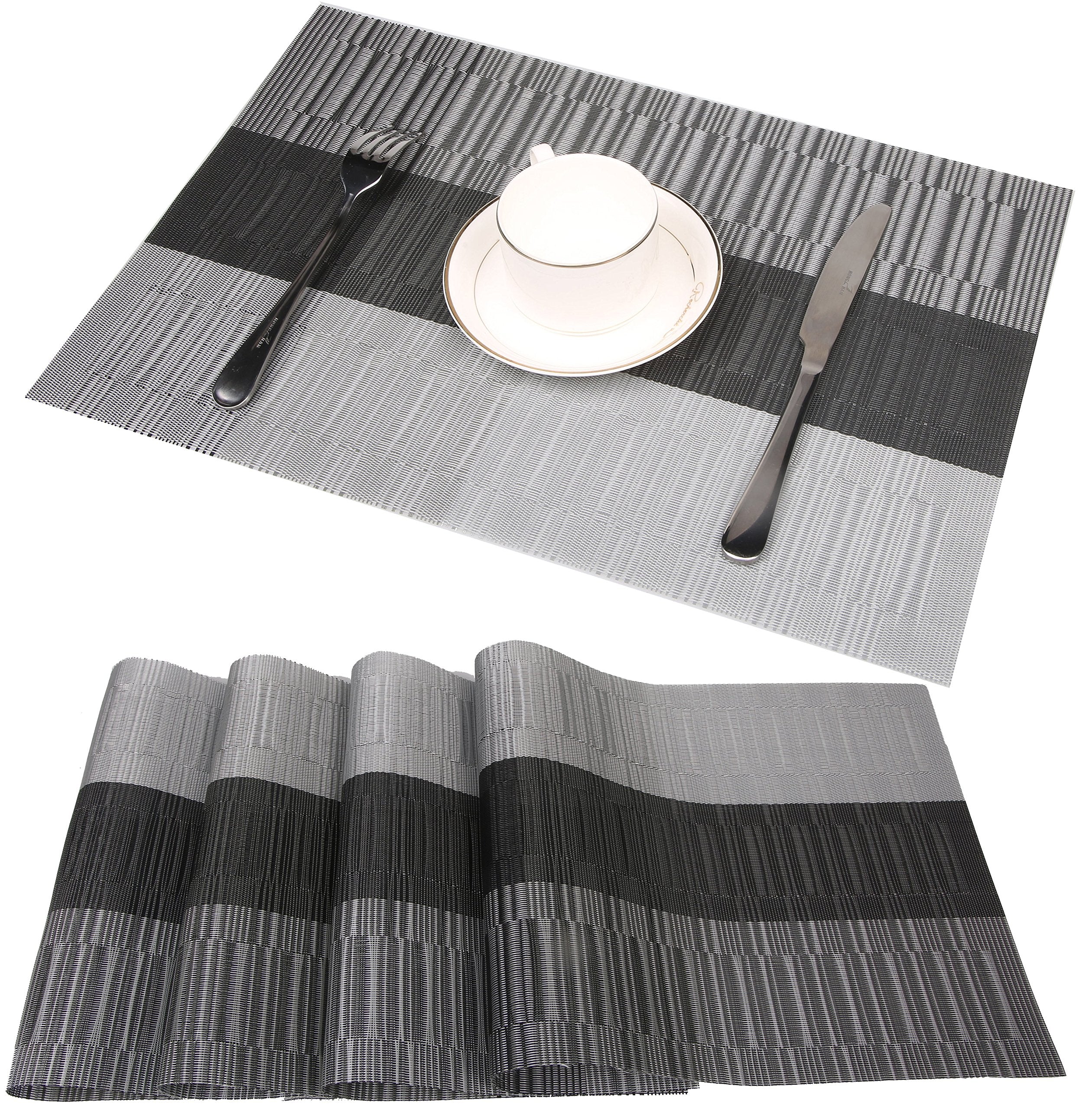 Famibay Bamboo Pvc Weave Placemats Non-Slip Kitchen Table Mats Set Of 4-30X45 Cm (Black And Grey)