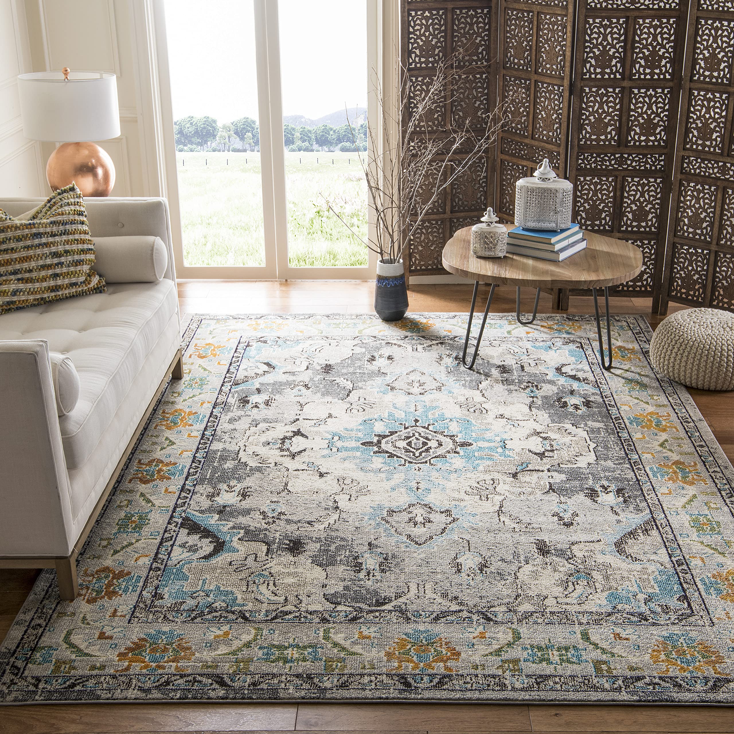 SAFAVIEH Monaco Collection Area Rug - 8 x 10, Grey & Light Blue, Boho Chic Medallion Distressed Design, Non-Shedding & Easy Ca