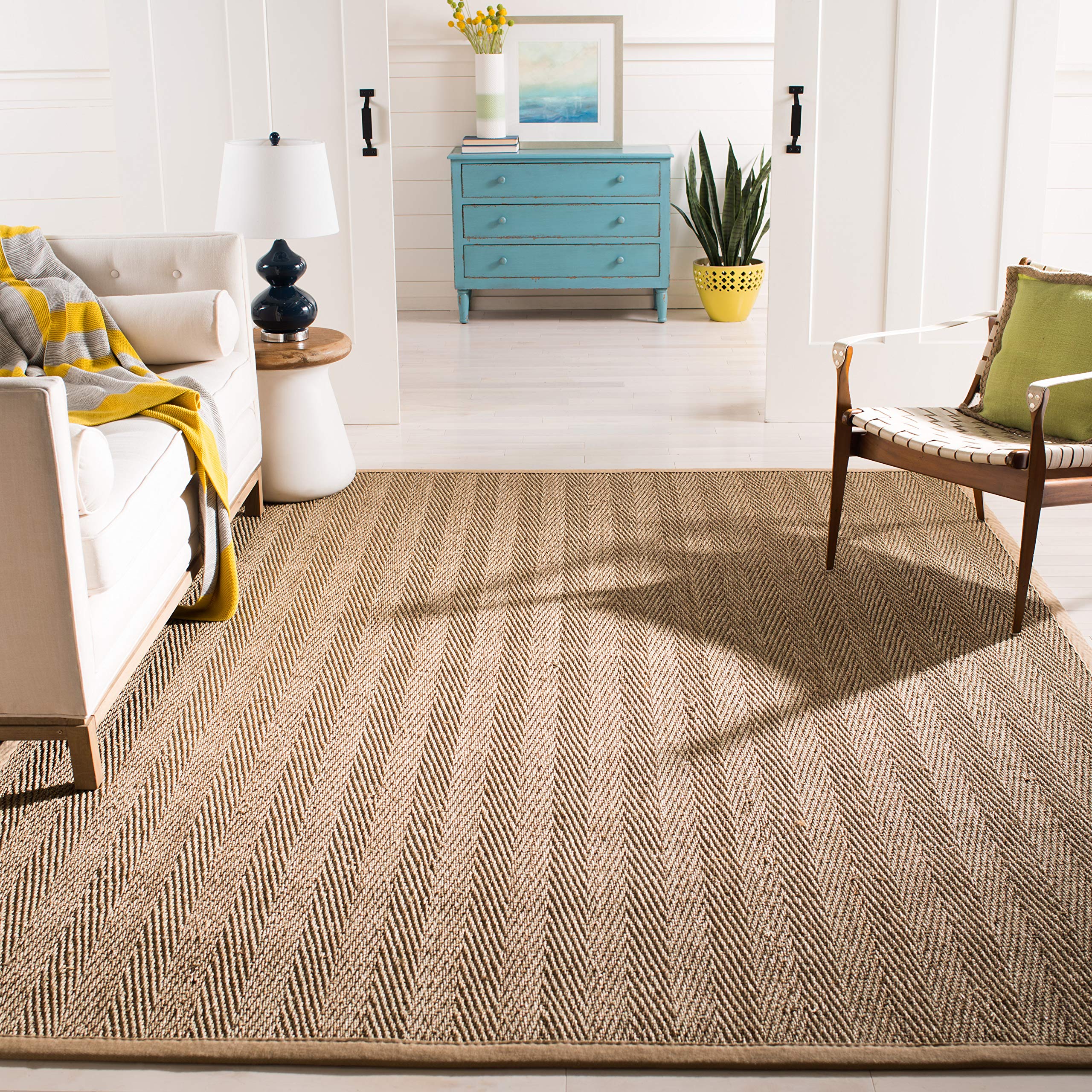SAFAVIEH Natural Fiber Collection X-Large Area Rug - 11 x 15, Natural & Beige, Border Herringbone Seagrass Design, Easy Care, 