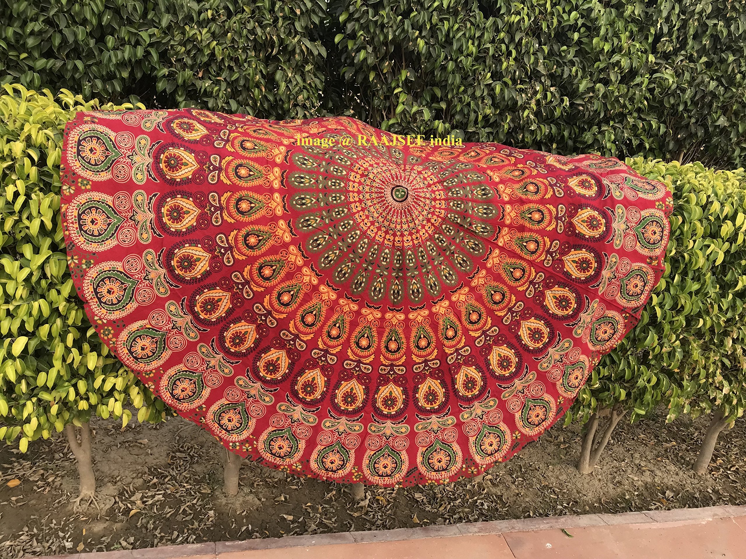 raajsee Red Mandala Round Beach Tapestry Hippie/Boho Beach Blanket Roundie/Indian Cotton Throw Bohemian Round Table Cloth/Yoga Mat Meditation Picnic Rugs 70 inch Circle