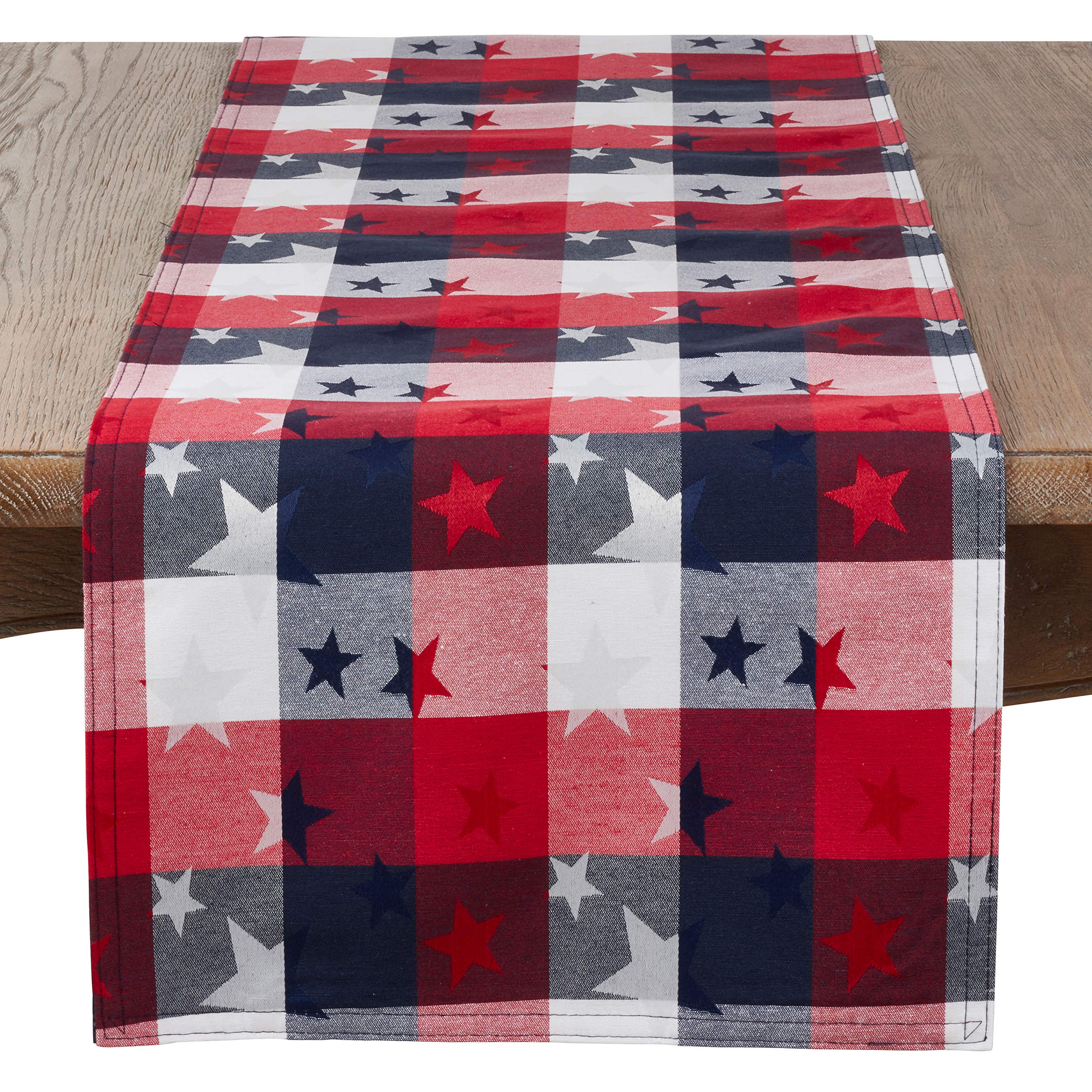 Red White And Blue Checkered With Stars Cotton/Polyester Blend Patriotic Table Runner, 16''X72'' Rectangular - (1 Piece).