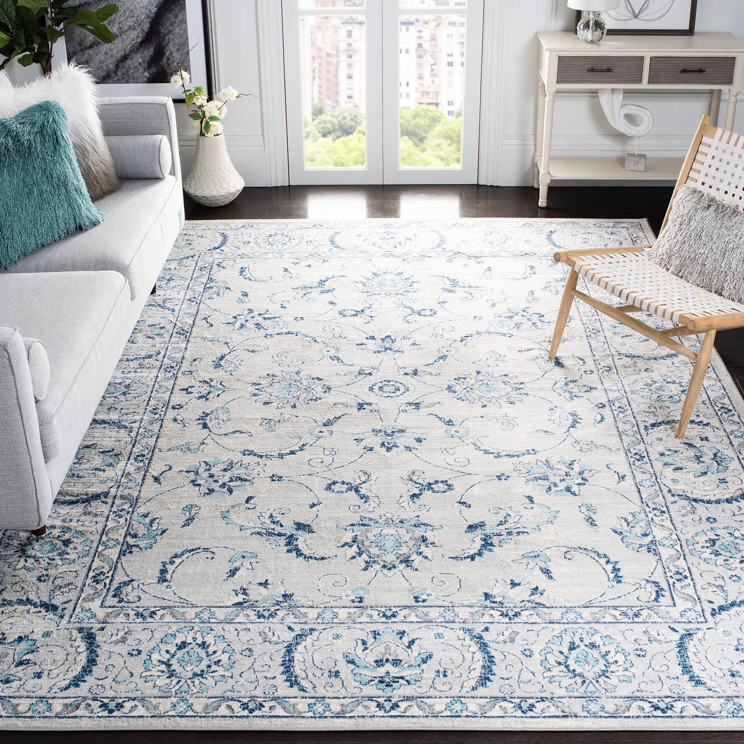 SAFAVIEH Brentwood Collection Area Rug - 9 x 12, Light Grey & Blue, Oriental Floral Scroll Design, Non-Shedding & Easy Care, I