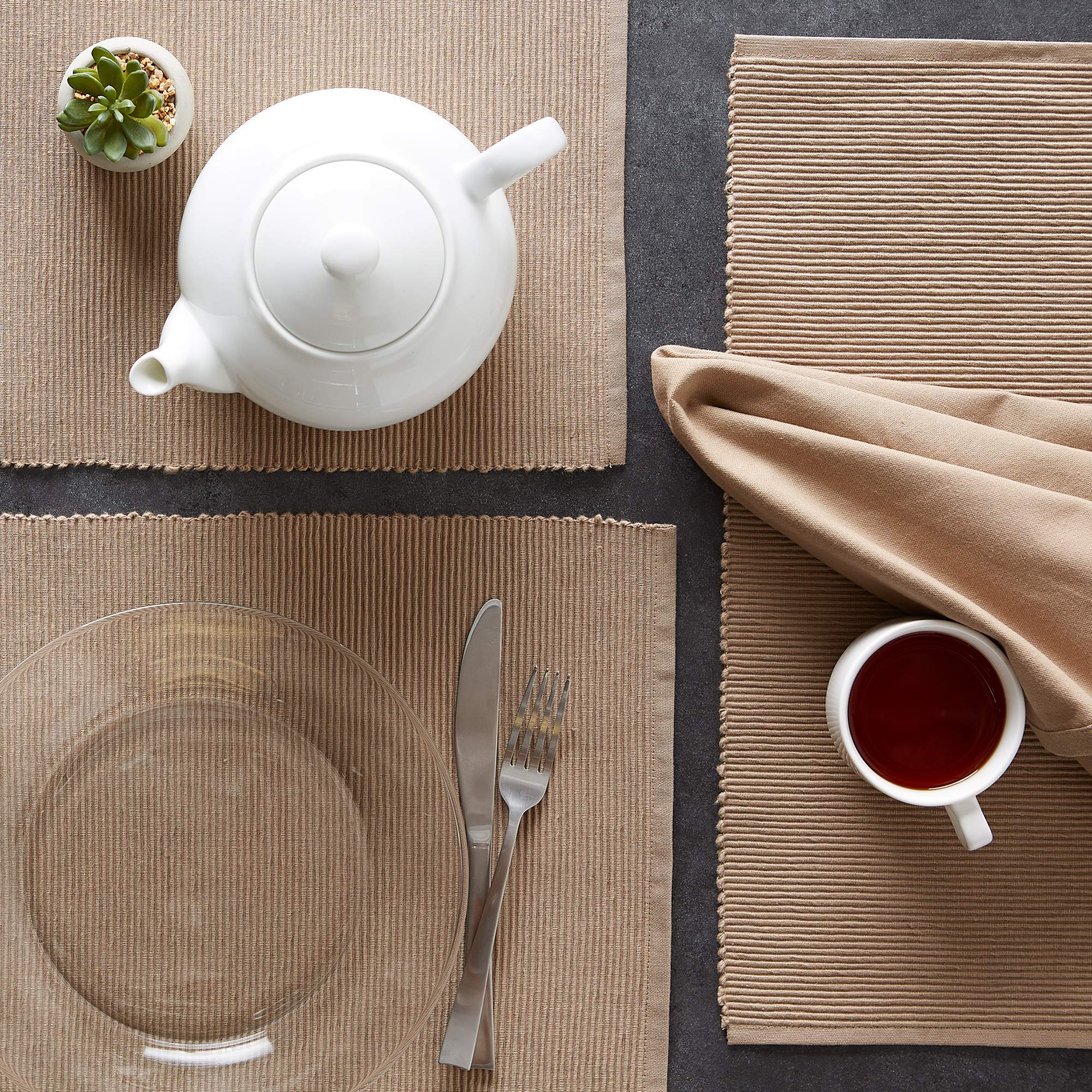 Dii Basic Everyday Ribbed Tabletop 100% Cotton, Placemat Set, 13X19, Stone, 6 Piece