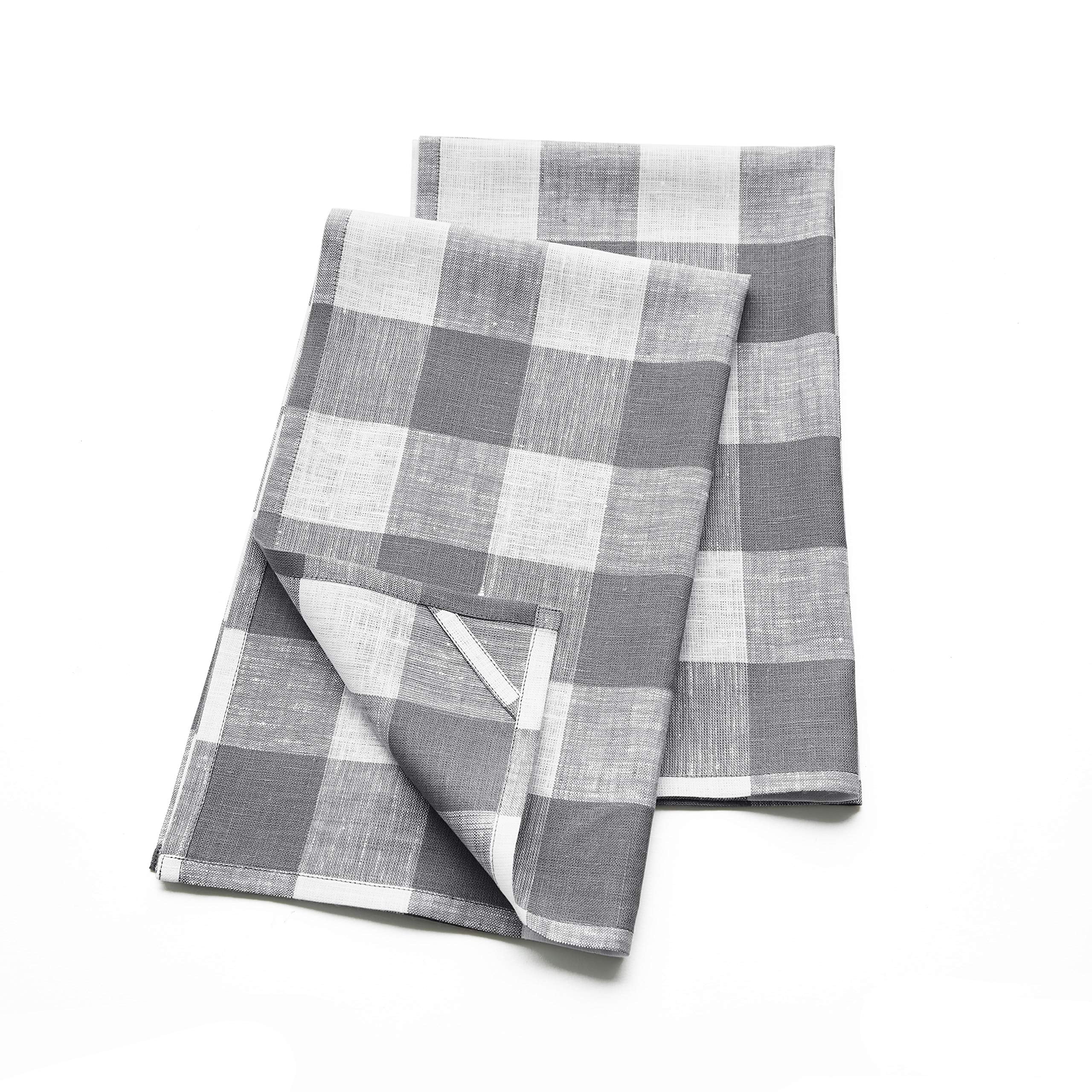 Solino Home Linen Kitchen Towels Set Of 2 - Grey And White 17 X 26 Inch - 100% Pure Linen Buffalo Check Kitchen/Tea Towels - Mac