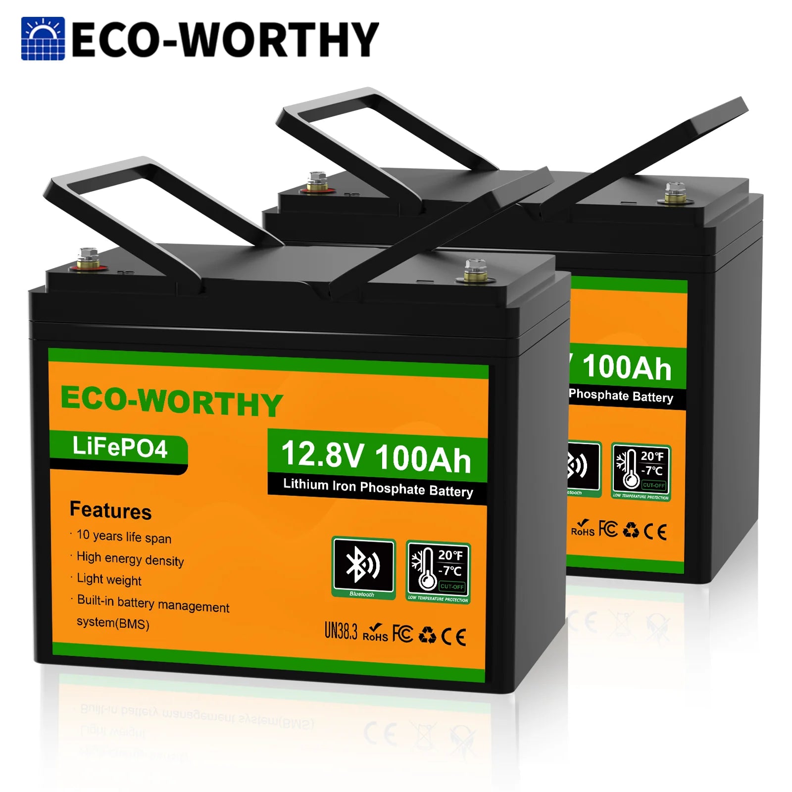 ECO-WORTHY 2pack 12V 100AH LiFePO4 Lithium Battery with Bluetooth, Max.1280Wh Energy, Low Temperature Protection for RV