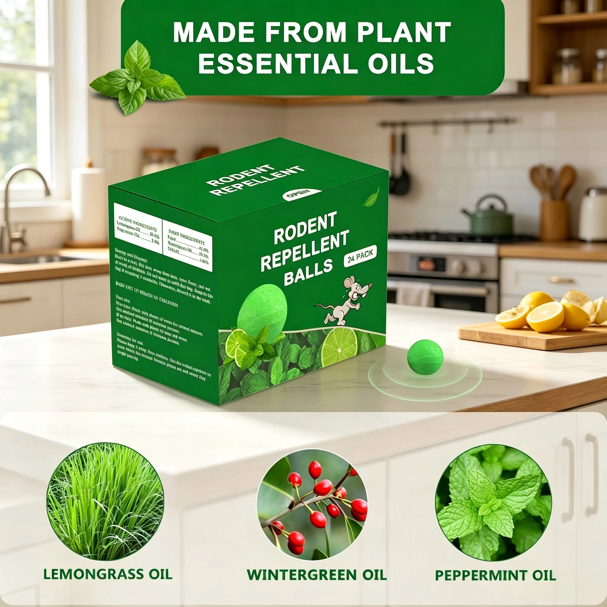 24 PCS - Natural Rodent Repellent Balls. Effectively Repel Squirrels, Mice, Rats, Spiders, Cockroaches and Other Pests. Ideal for Kitchens, Warehouses, Vehicles, Indoor and Outdoor Use. Safe for Families and Pets.