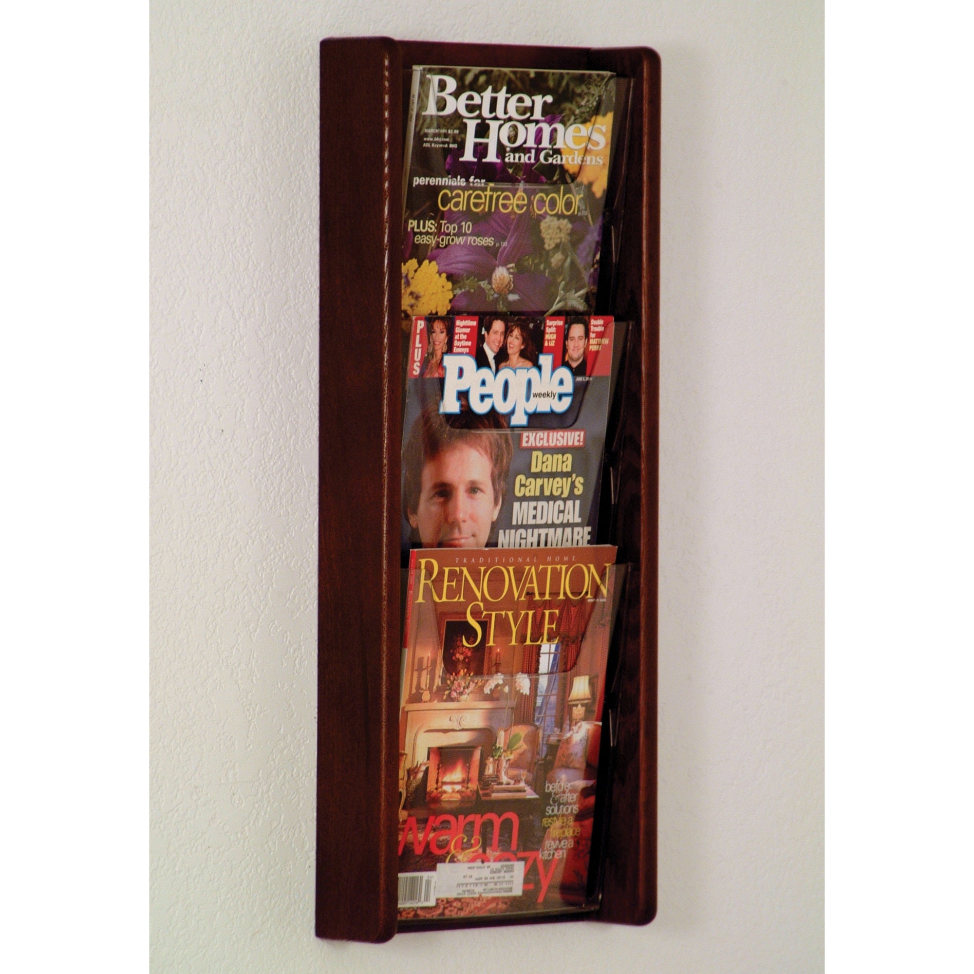 Wooden Mallet Stance 3 Pocket Wall Display, 3H, Mahogany