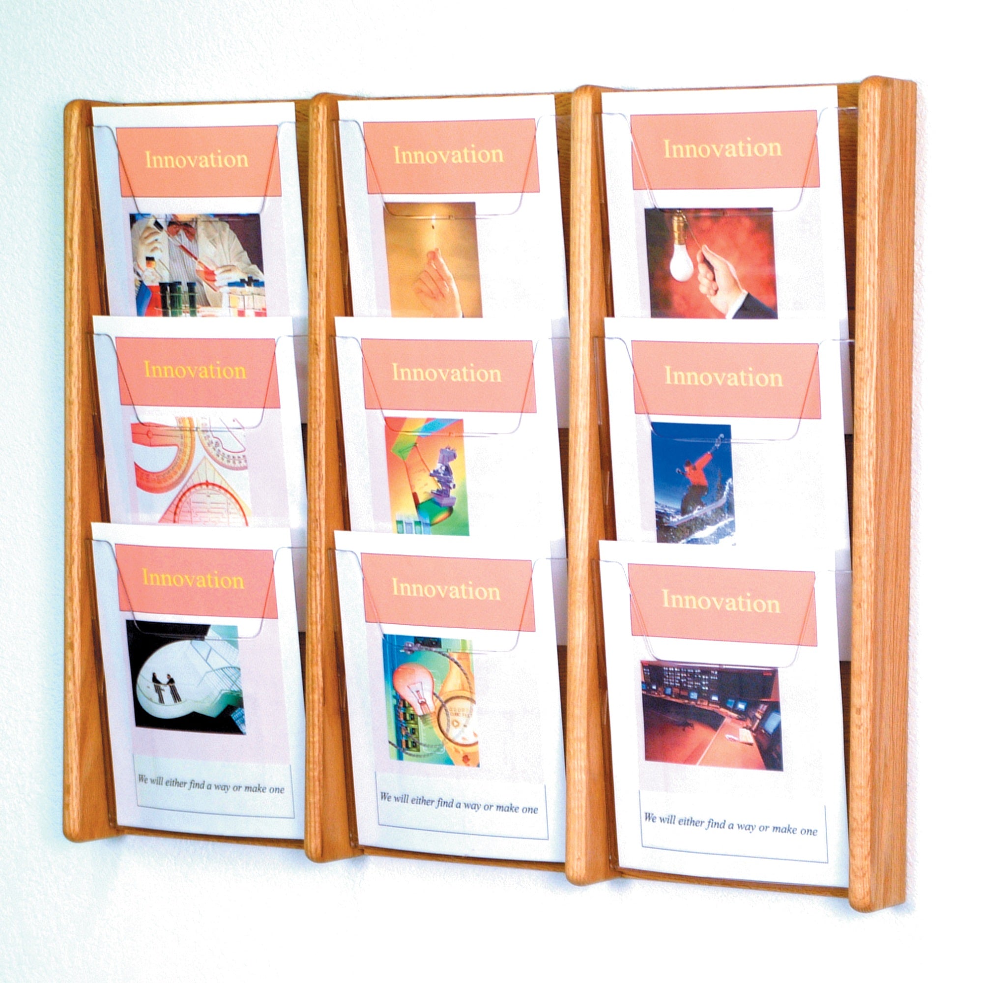 Wooden Mallet Stance 9 Pocket Wall Display, 3Wx3H, Light Oak