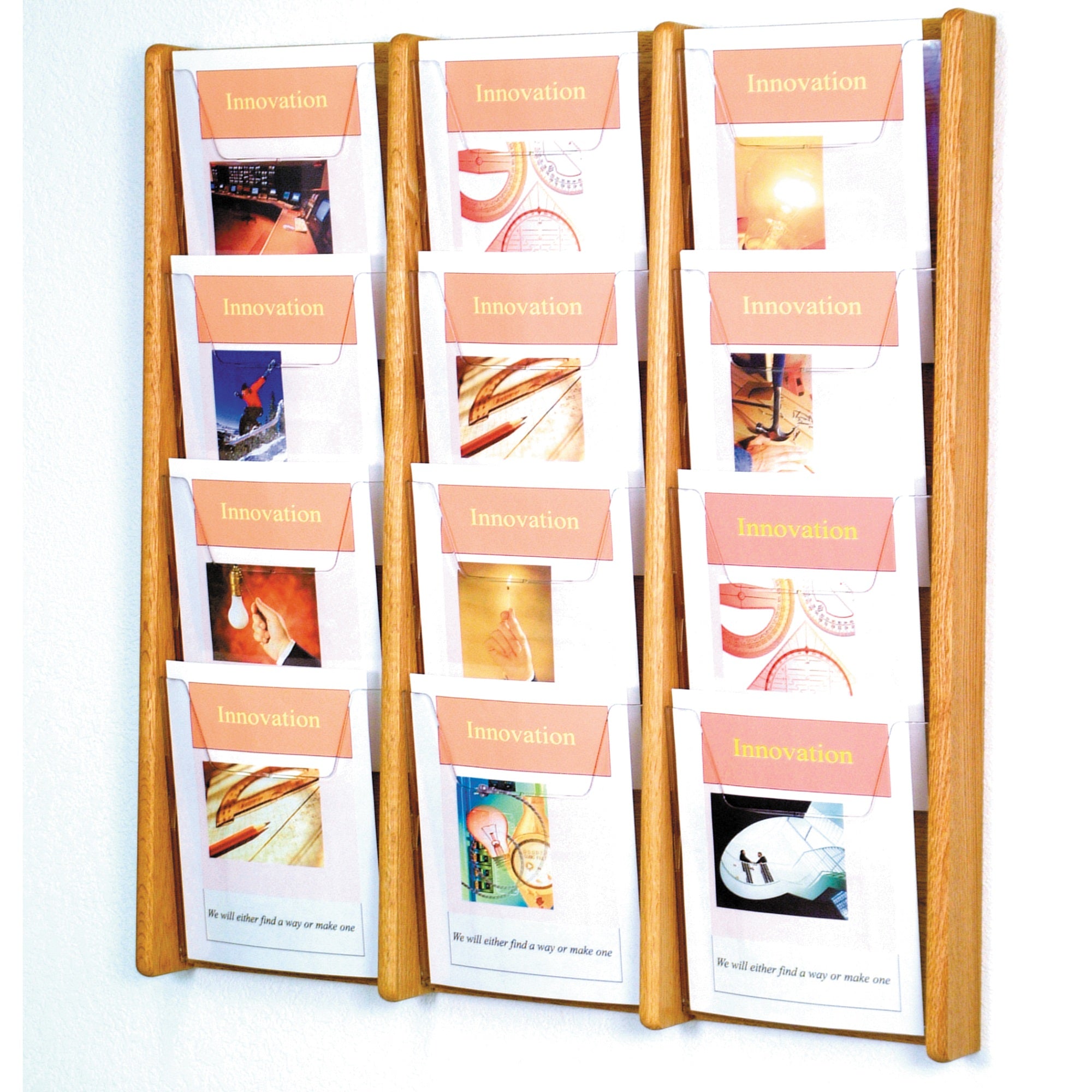 Wooden Mallet Stance 12 Pocket Wall Display, 3Wx4H, Light Oak