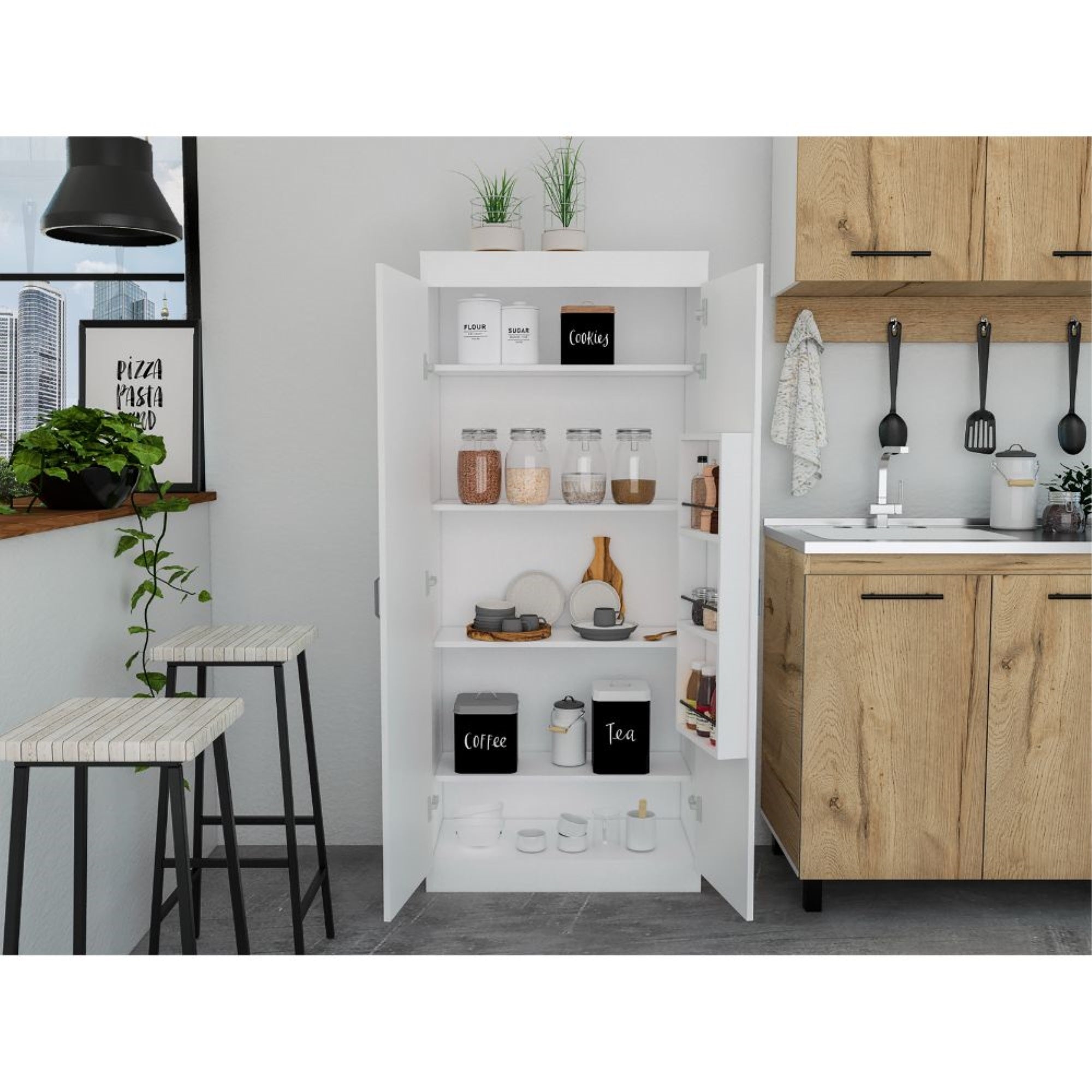 Tuhome Varese Pantry Cabinet, Two Door Cabinet, Three Internal Door Shelves, Five Shelves, White , For Kitchen Room