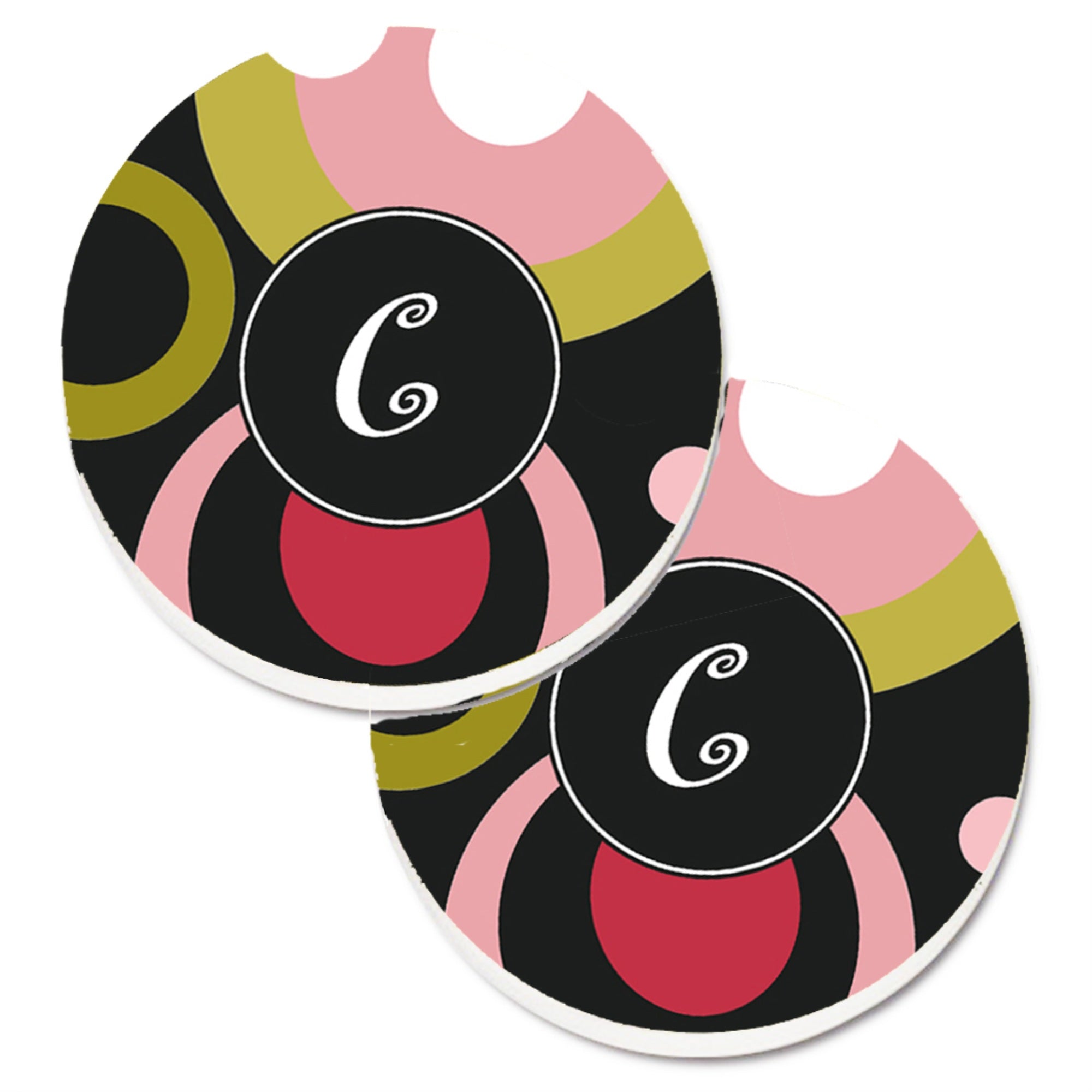 'Caroline'S Treasures Letter C Monogram - Retro In Black Set Of 2 Cup Holder Car Coasters Am1001-Ccarc, 2.56, Multicolor''