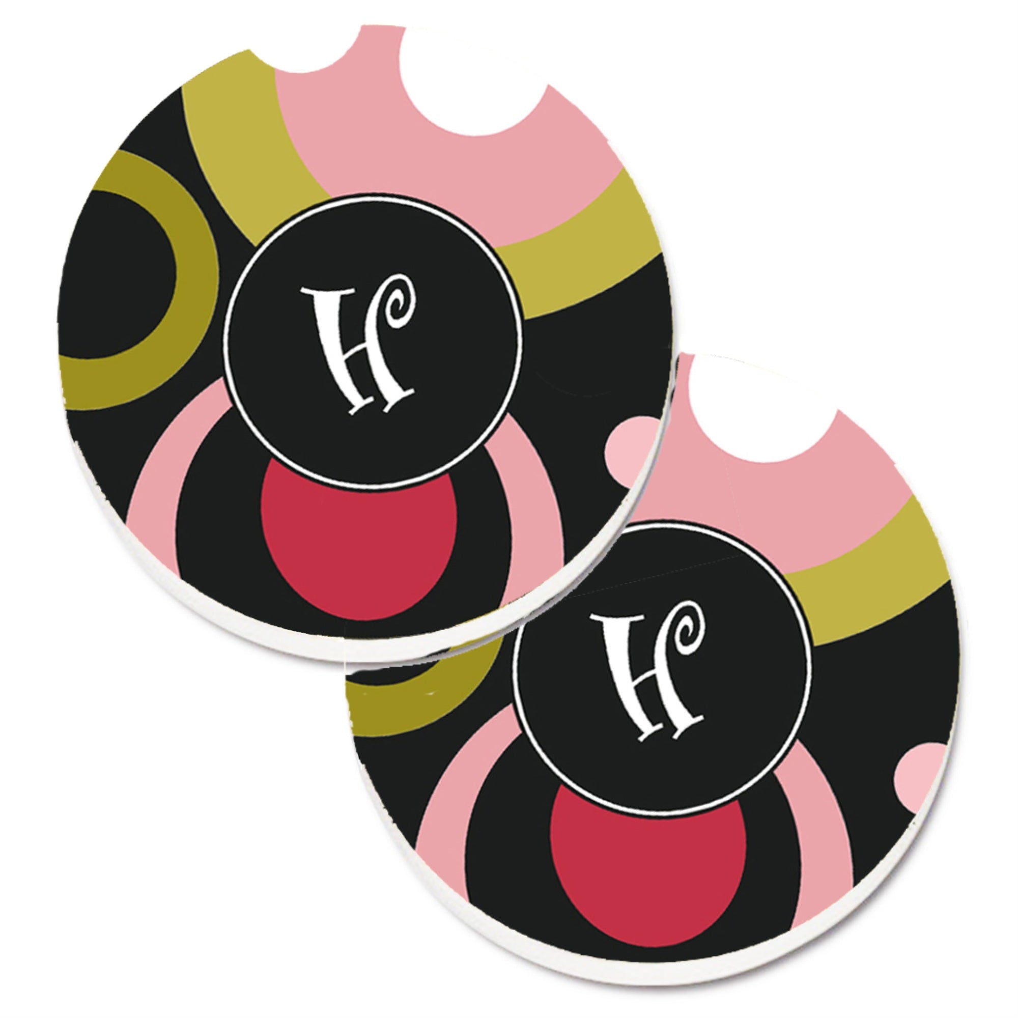 'Caroline'S Treasures Letter H Monogram - Retro In Black Set Of 2 Cup Holder Car Coasters Am1001-Hcarc, 2.56, Multicolor''