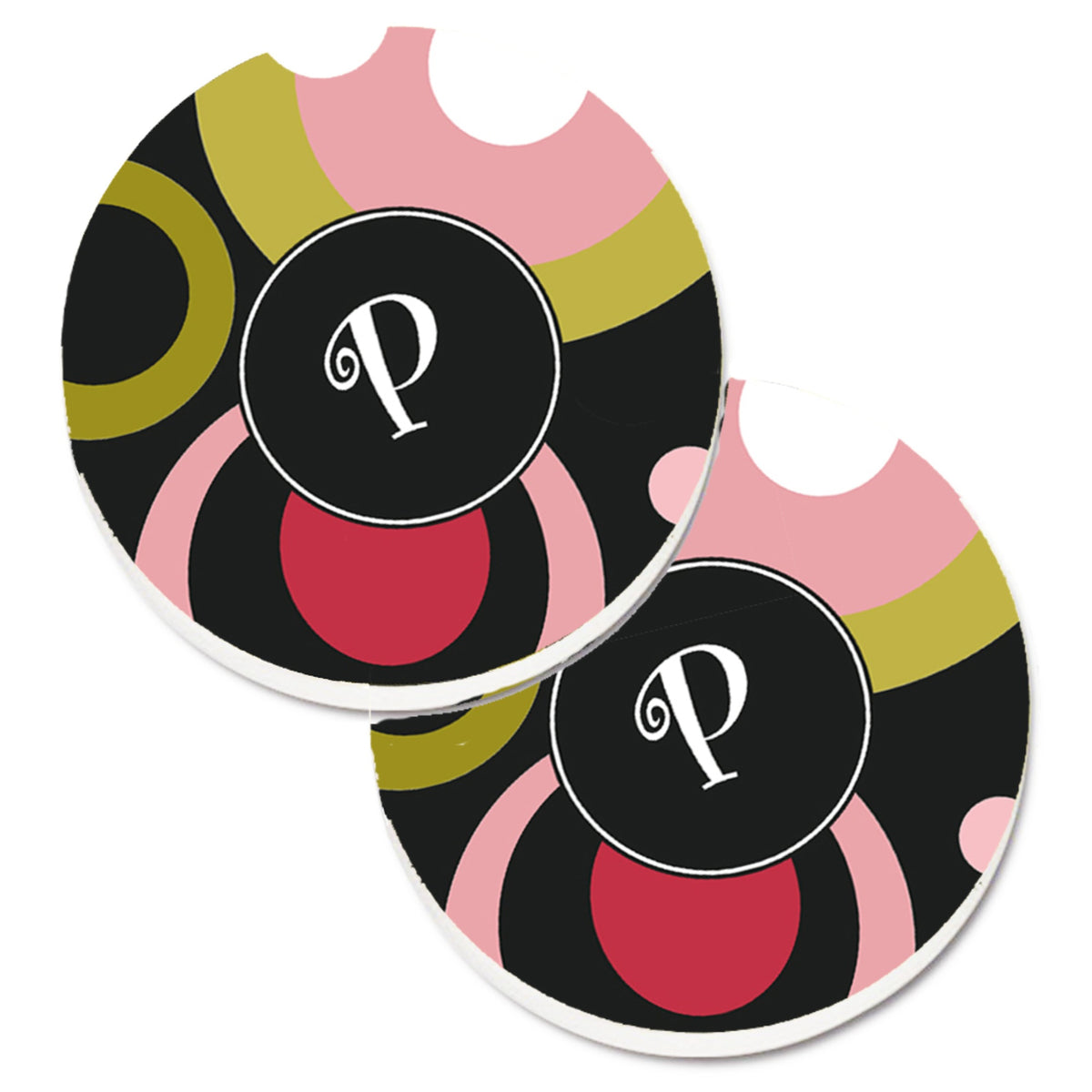 'Caroline'S Treasures Letter P Monogram - Retro In Black Set Of 2 Cup Holder Car Coasters Am1001-Pcarc, 2.56, Multicolor''