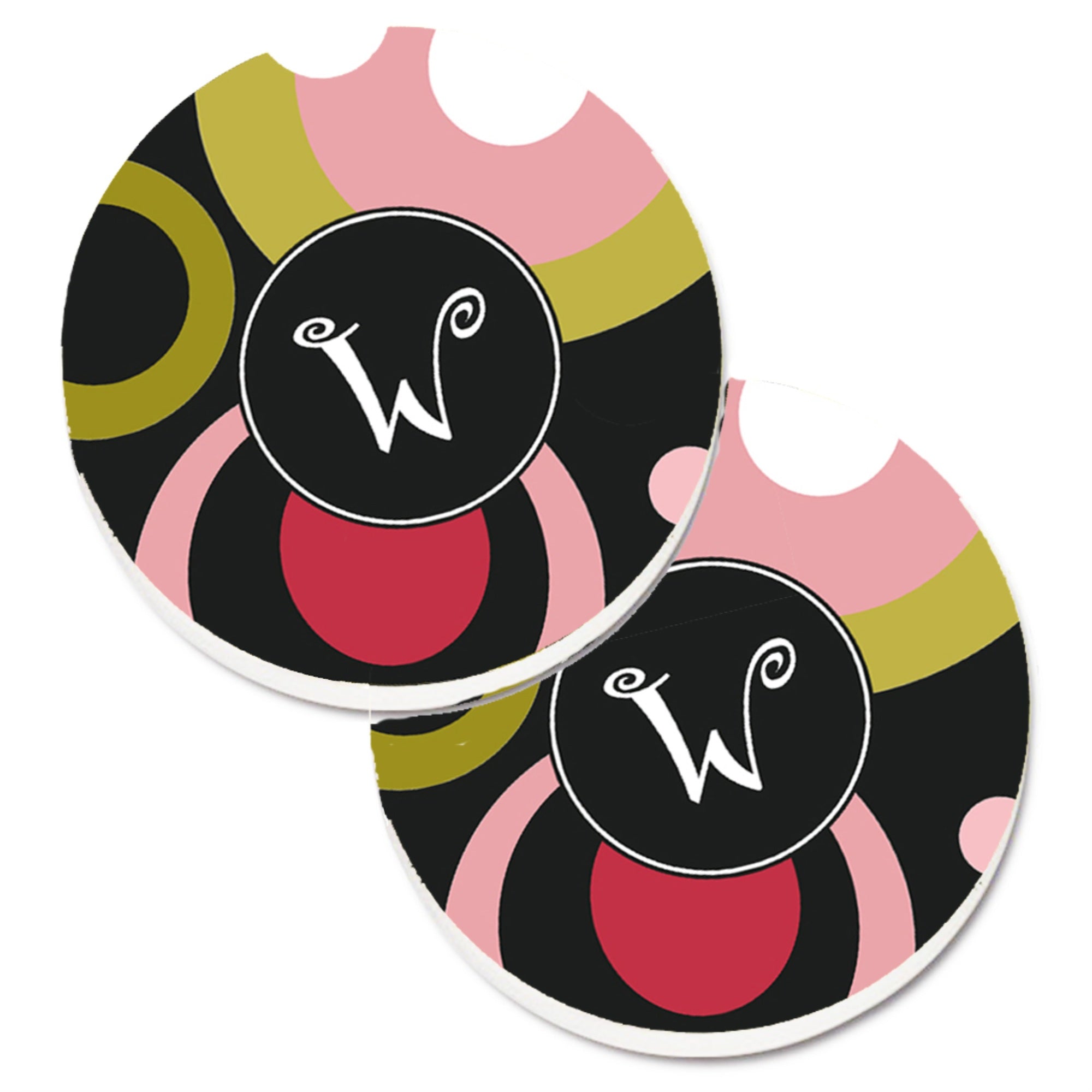 'Caroline'S Treasures Letter W Monogram - Retro In Black Set Of 2 Cup Holder Car Coasters Am1001-Wcarc, 2.56, Multicolor''