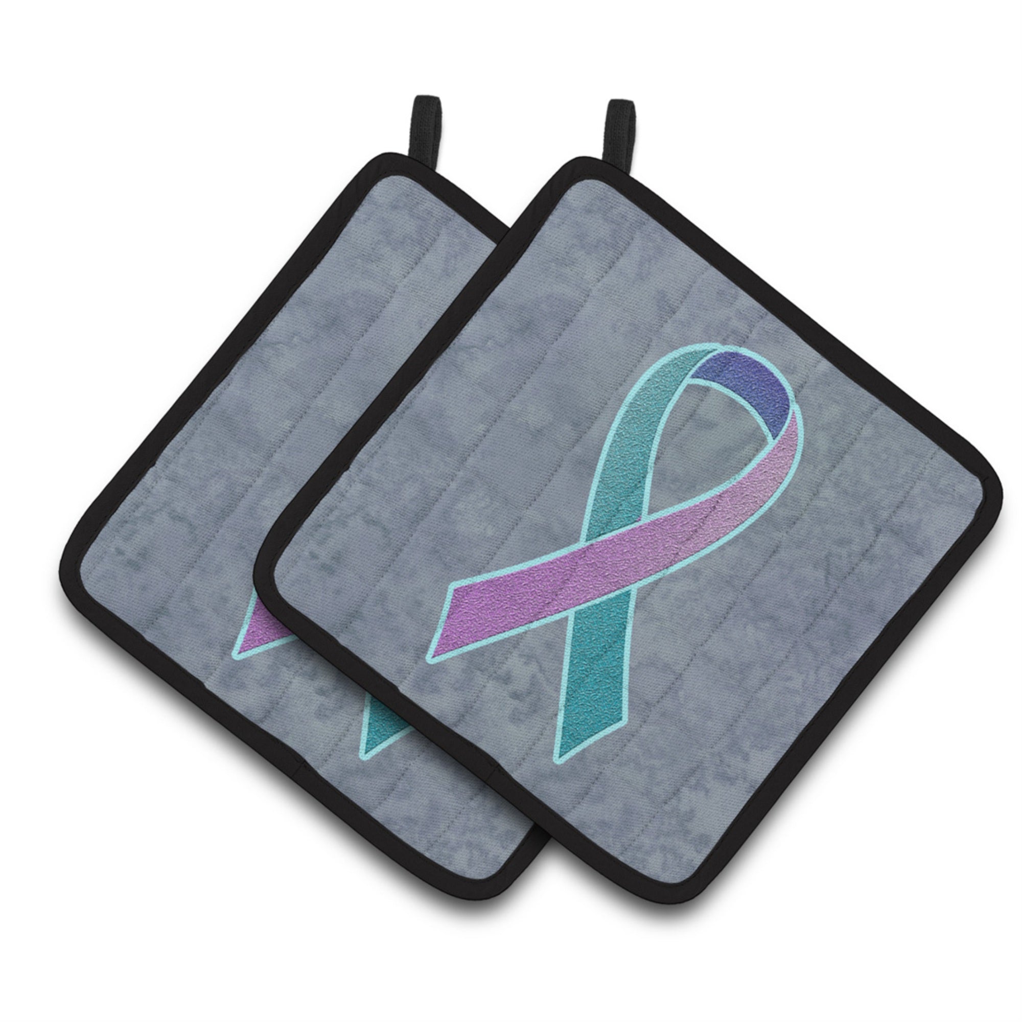 'Caroline'S Treasures Teal, Pink & Blue Ribbon For Thyroid Cancer Awareness Pair Of Pot Holders An1217Pthd, 7.5Hx7.5W, Multicol