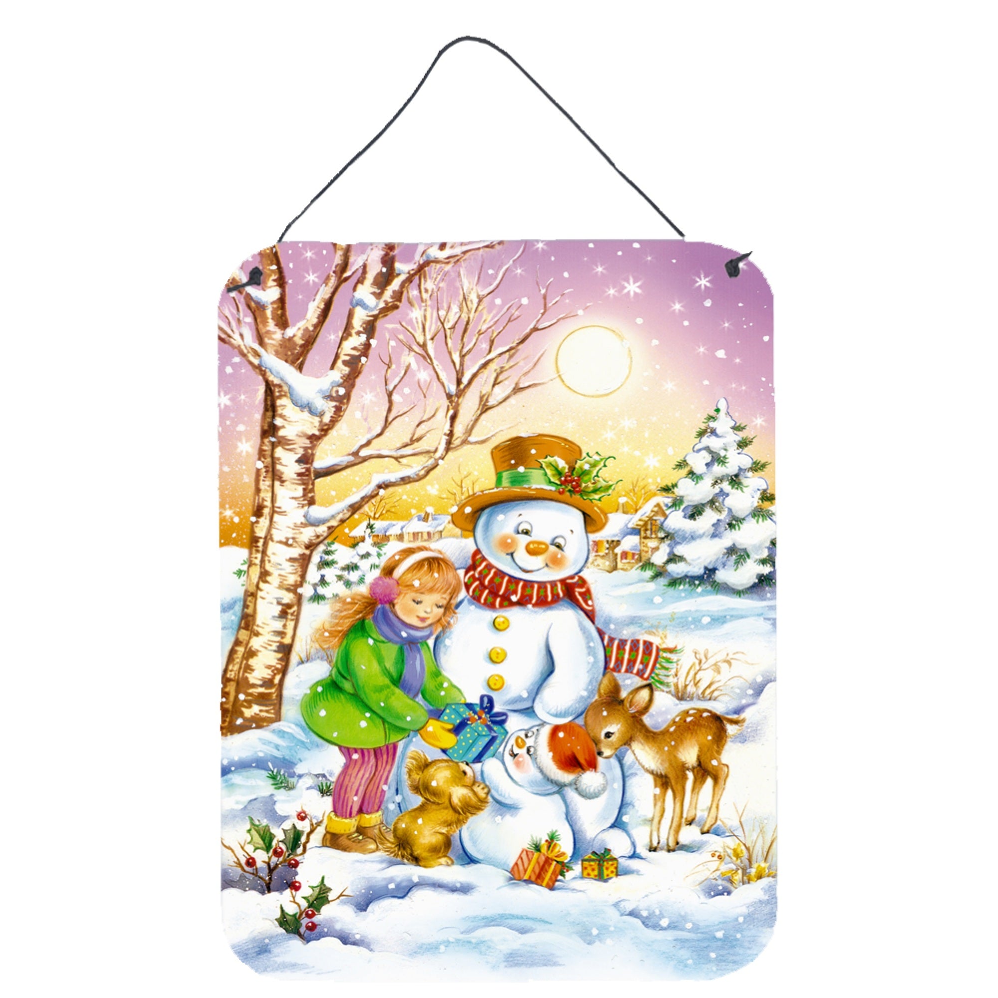 'Caroline'S Treasures Girl And Animals With Snowman Wall Or Door Hanging Prints Aph3544Ds1216, 16Hx12W, Multicolor''