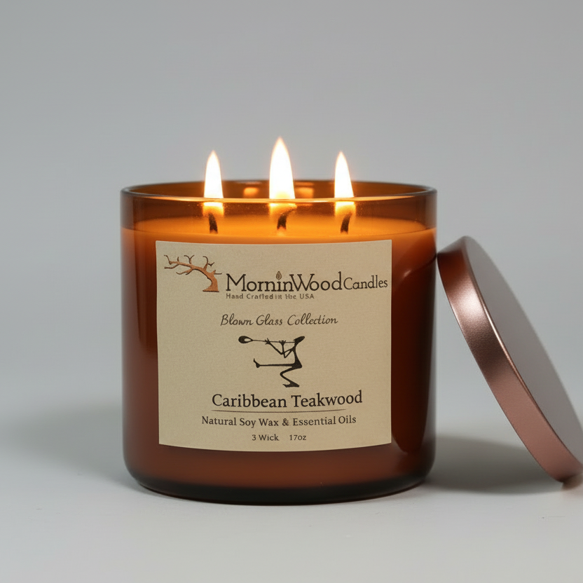 Caribbean Teakwood-Soy 3-Wick Blown Glass Collection