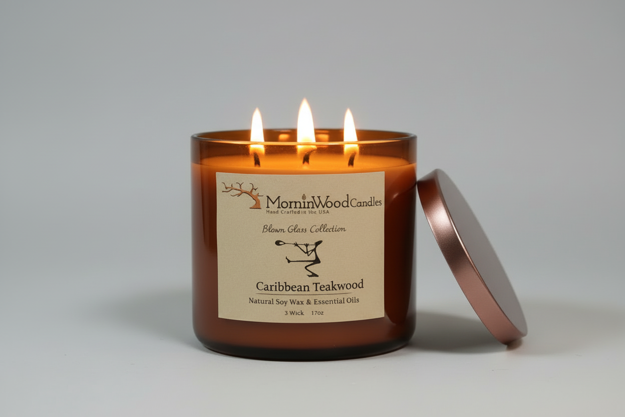 Caribbean Teakwood-Soy 3-Wick Blown Glass Collection