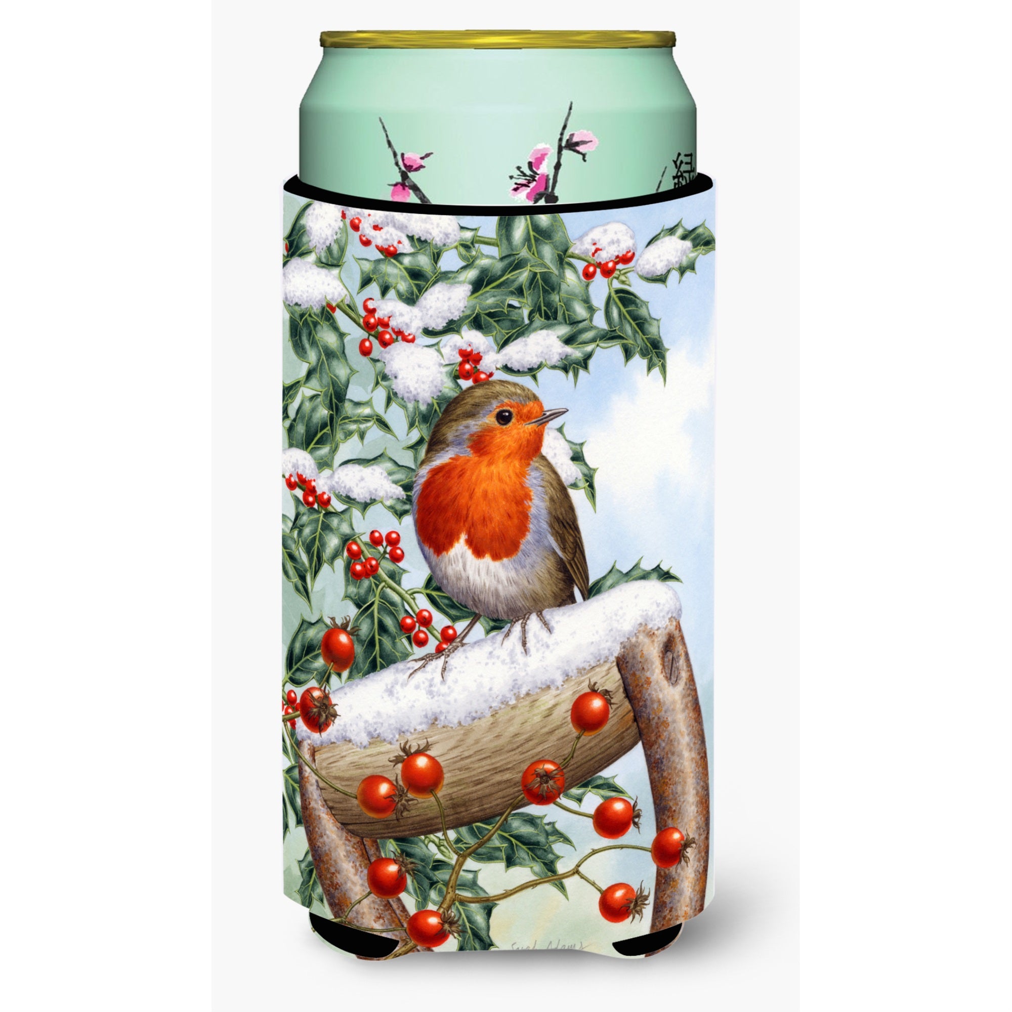'Caroline'S Treasures European Garden Robin Tall Boy Koozie Hugger, Multicolor''
