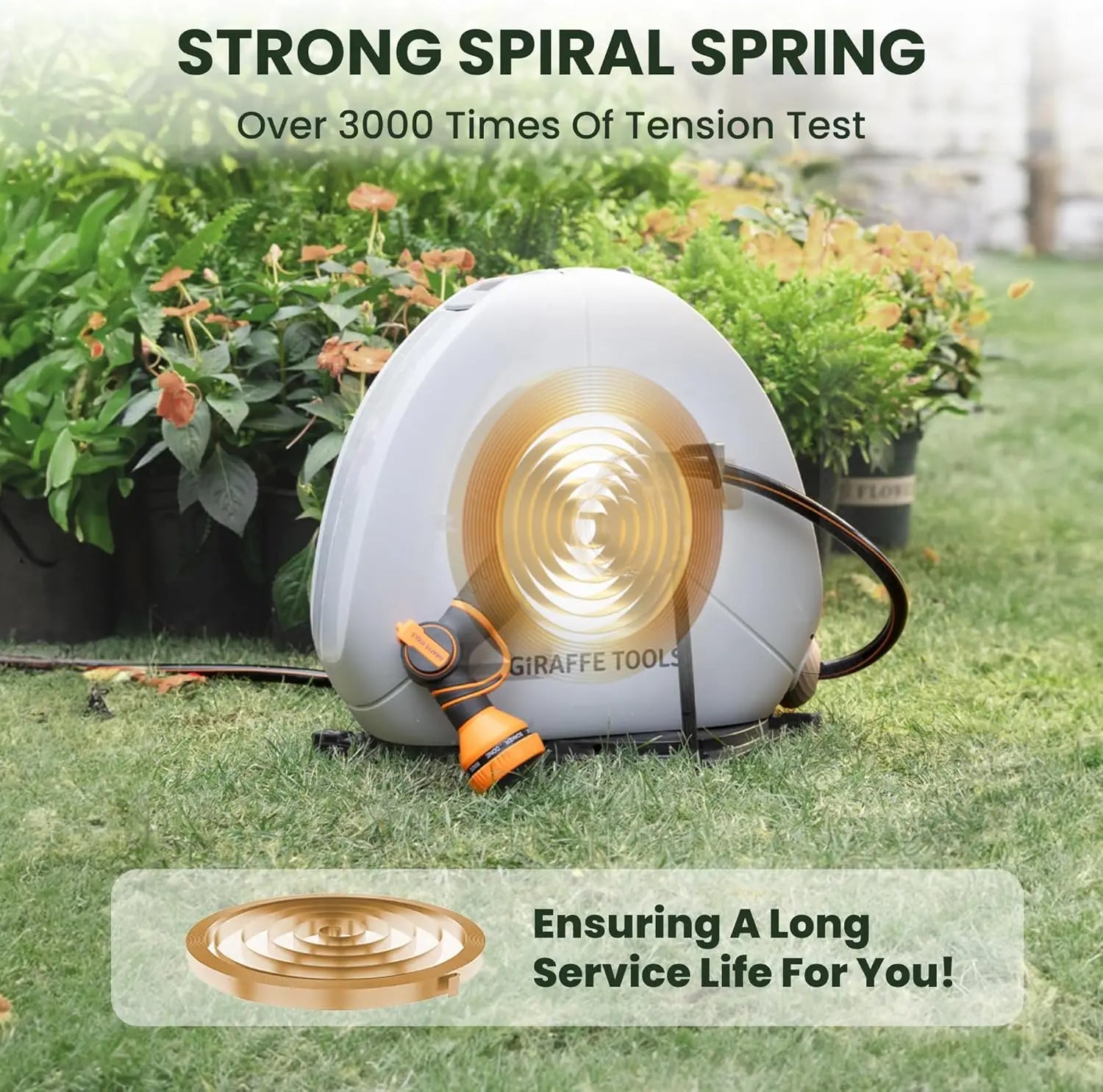 Giraffe Tools Retractable Heavy Duty Hose Reel, 1/2" x 100FT Automatic Rewind Garden Hose Reel with 360° Swivel Base, Ground Mounted for Lawn, Patio, Concrete Floor & Yard Watering