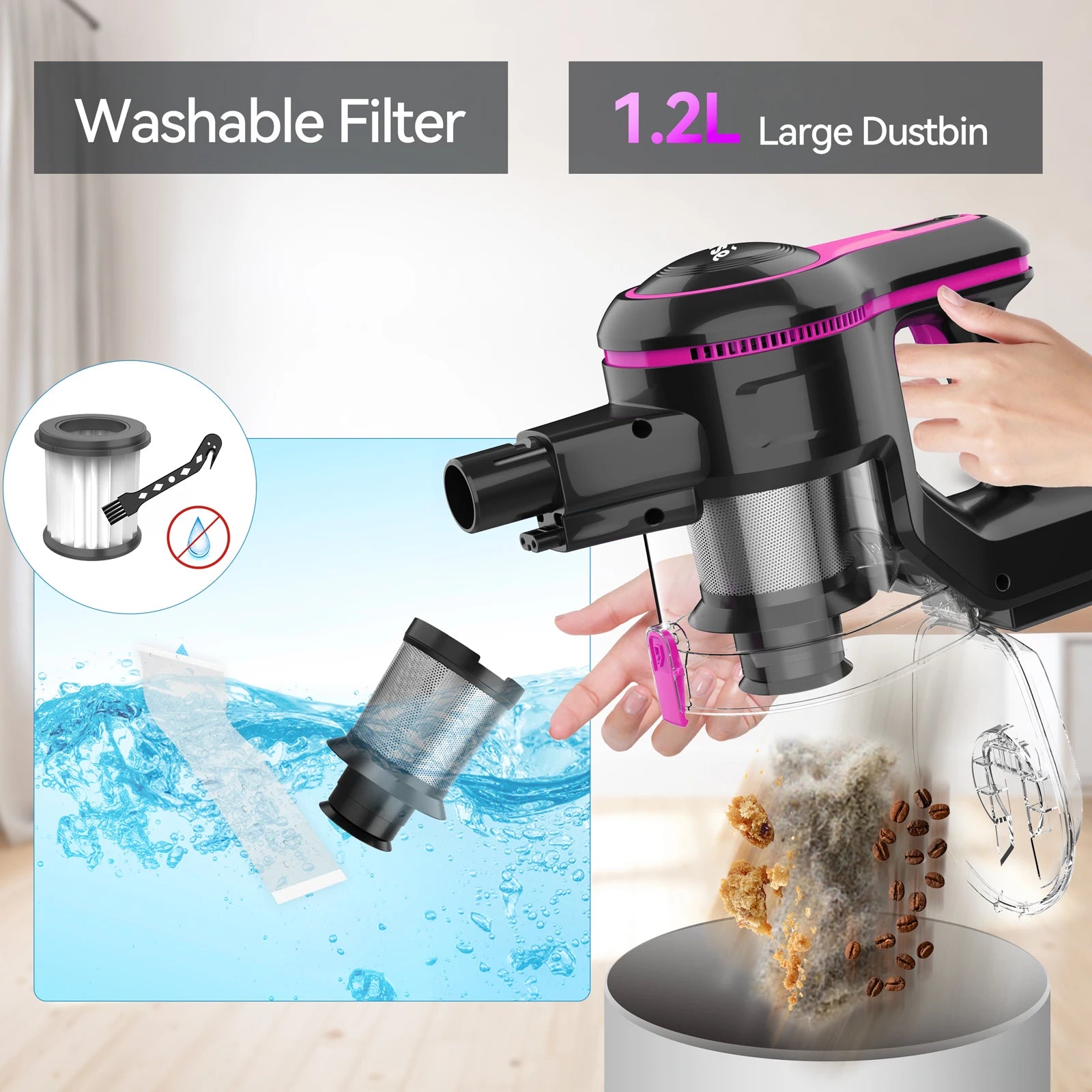 INSE N5T Cordless Vacuum Cleaner, 25Kpa 1.2L Large Dustbin, 6 in 1 Handheld Vacuum for Household Cleaning