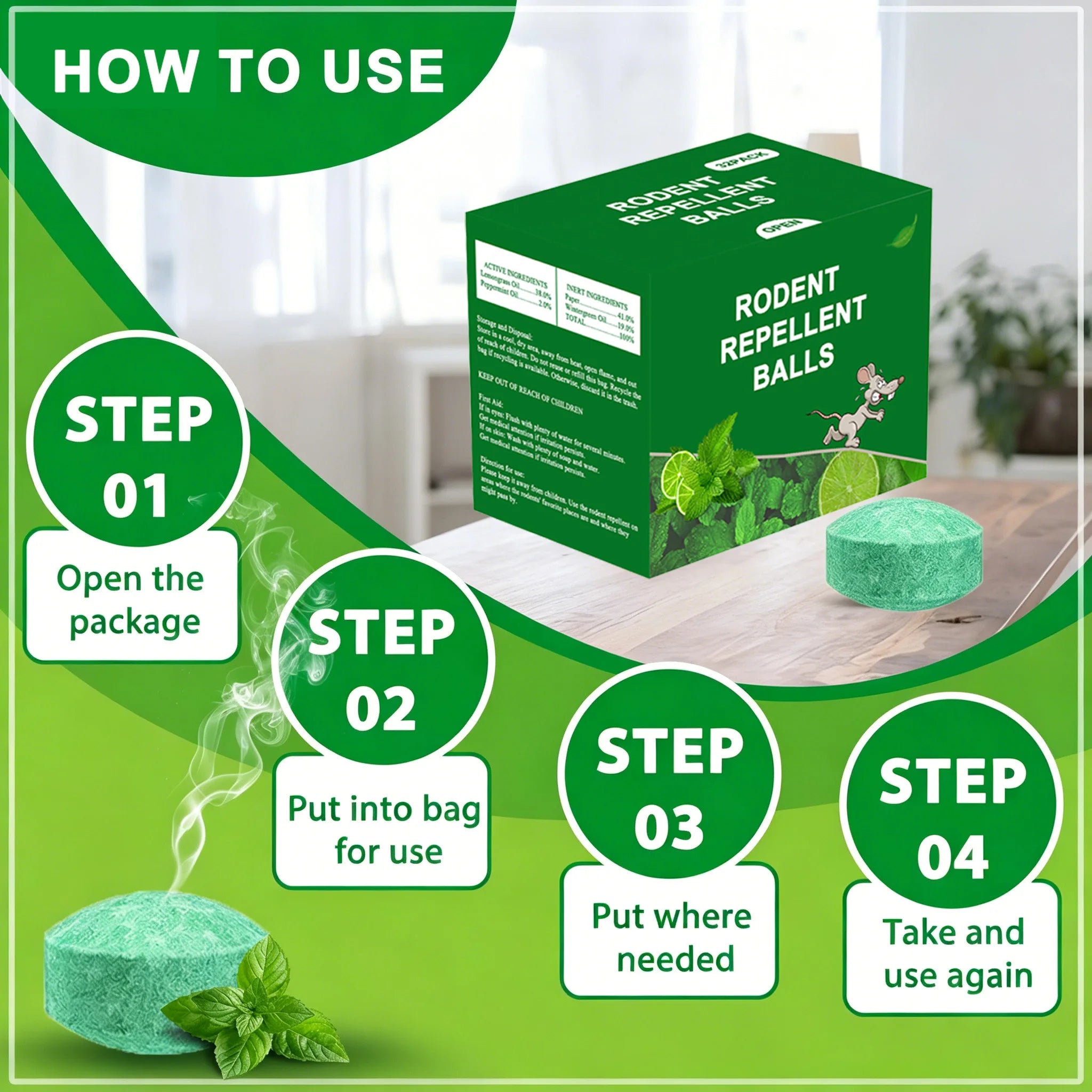 Rodent Repellent Balls, 48 PCS Rodent Control, Natural Mouse Repellent Peppermint Oil for Mice, Rats, Squirrels, Skunks, Raccoon, Spiders and Pests, Keeps Pests Away Effectively from Garden & Home (Peppermint)