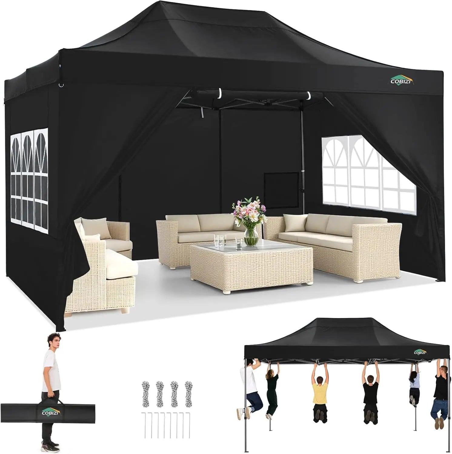 10x15 Pop up Canopy Tent Heavy Duty Gazebo with 4 Sidewalls,UPF 50+ All Weather Waterproof Commercial Outdoor Wedding Party Tent
