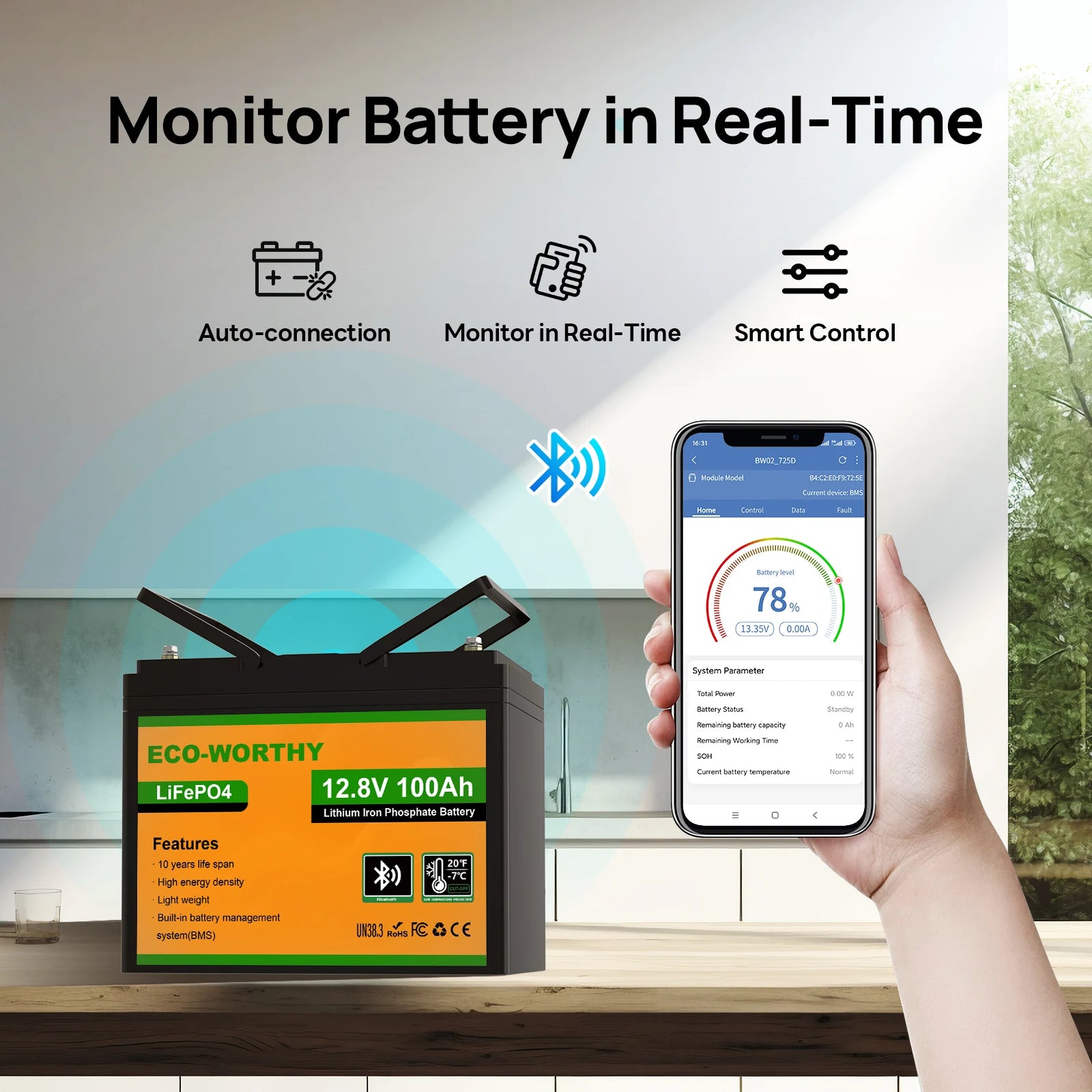 ECO-WORTHY 2pack 12V 100AH LiFePO4 Lithium Battery with Bluetooth, Max.1280Wh Energy, Low Temperature Protection for RV