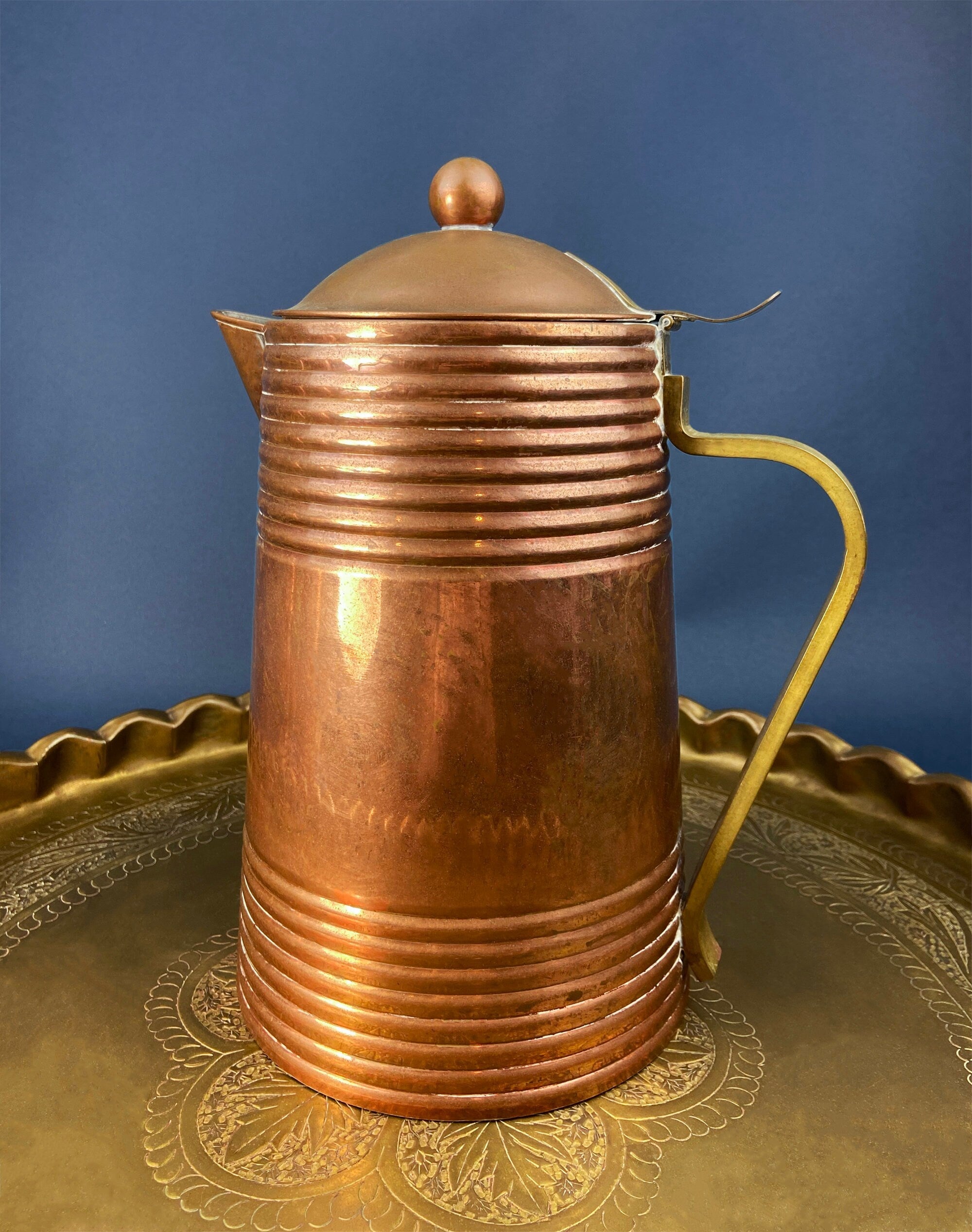 Antique Copper Pitcher and 4 Mugs. Revere Metal Ware, Rome, NY. Solid Copper with Brass Handle. Beer Mugs. Vintage Gifts for Him.