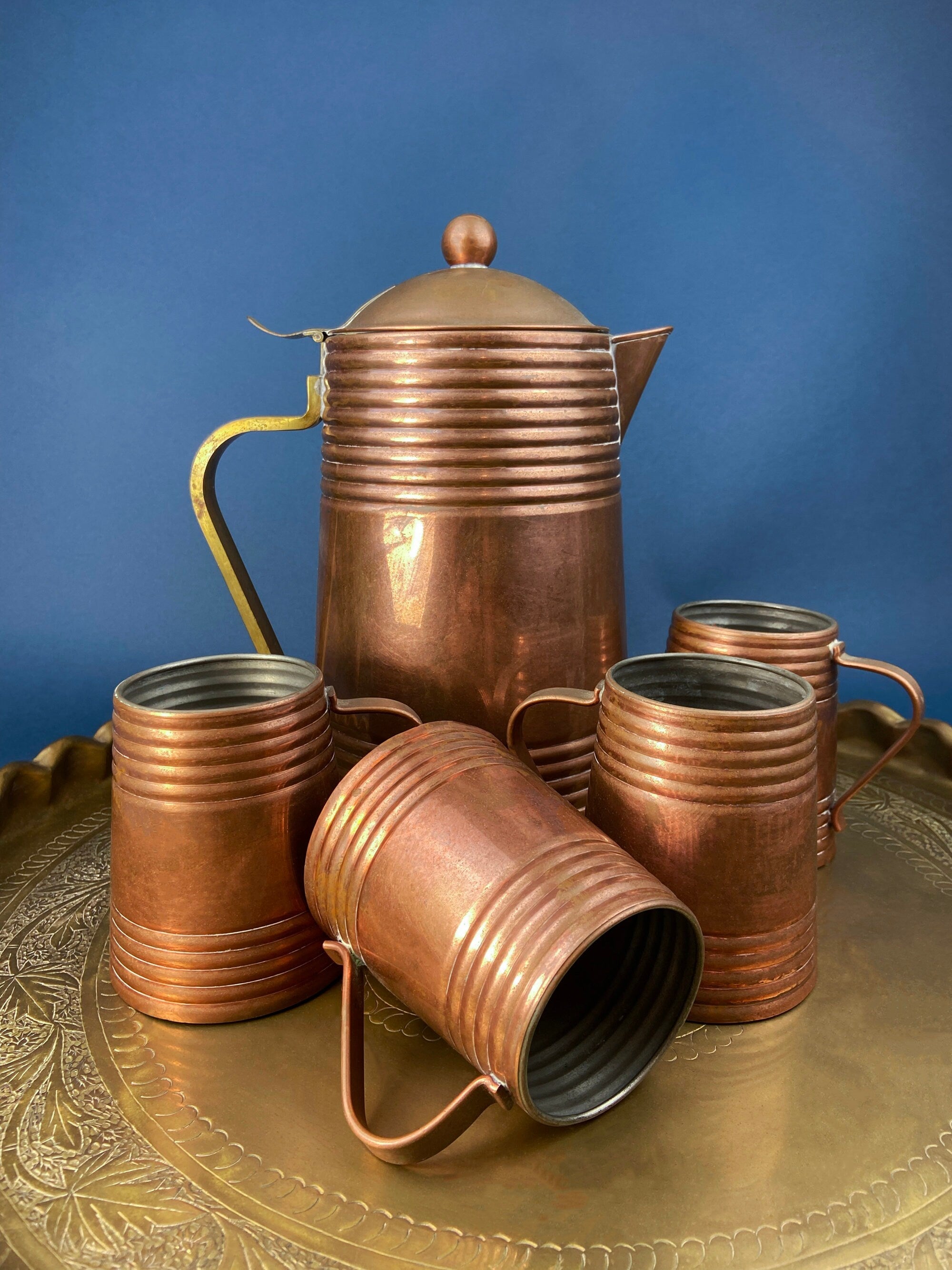 Antique Copper Pitcher and 4 Mugs. Revere Metal Ware, Rome, NY. Solid Copper with Brass Handle. Beer Mugs. Vintage Gifts for Him.