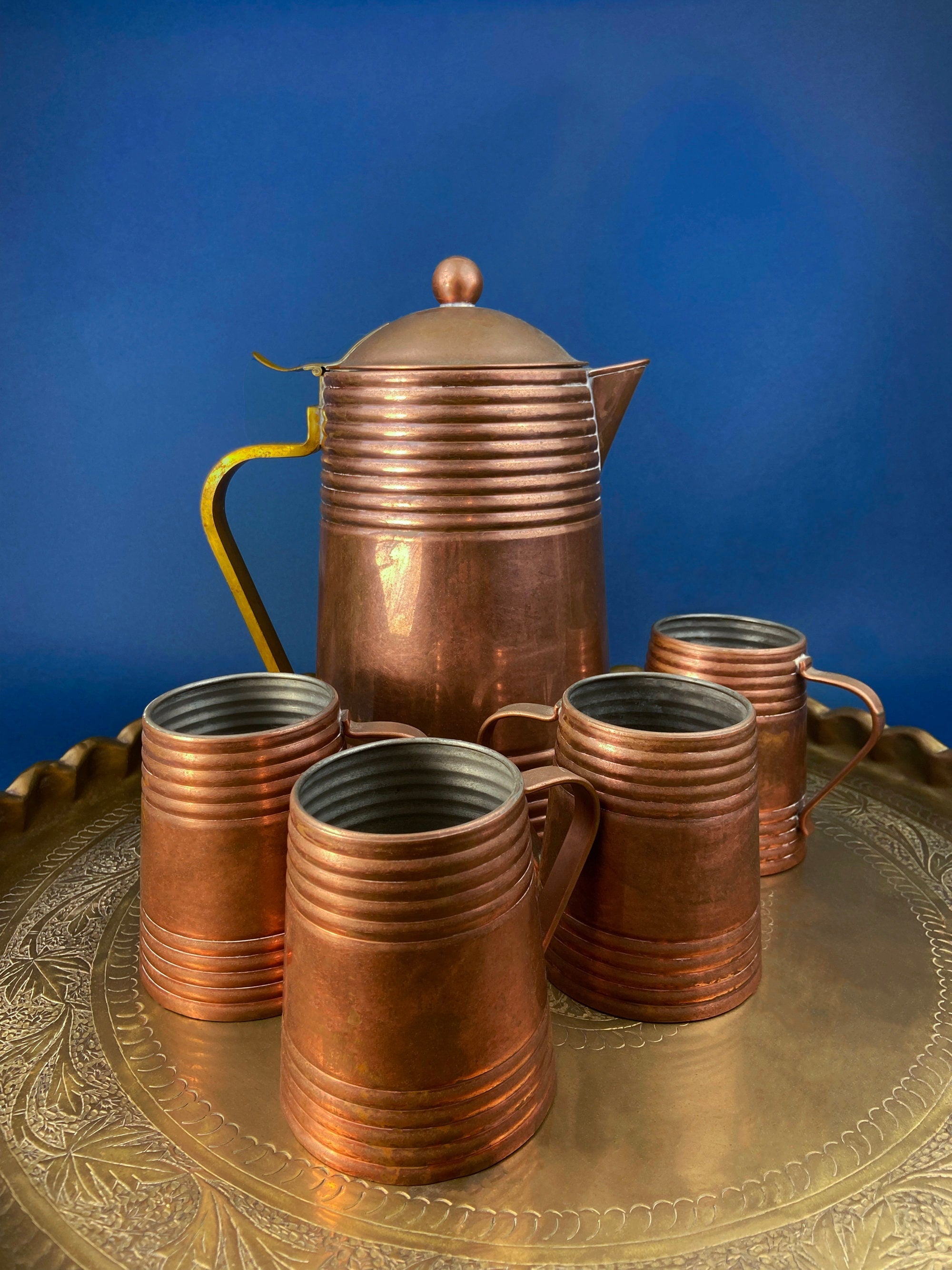Antique Copper Pitcher and 4 Mugs. Revere Metal Ware, Rome, NY. Solid Copper with Brass Handle. Beer Mugs. Vintage Gifts for Him.