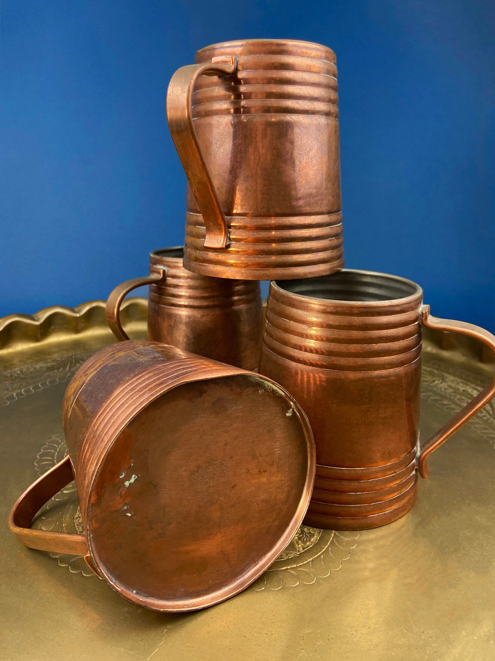 Antique Copper Pitcher and 4 Mugs. Revere Metal Ware, Rome, NY. Solid Copper with Brass Handle. Beer Mugs. Vintage Gifts for Him.