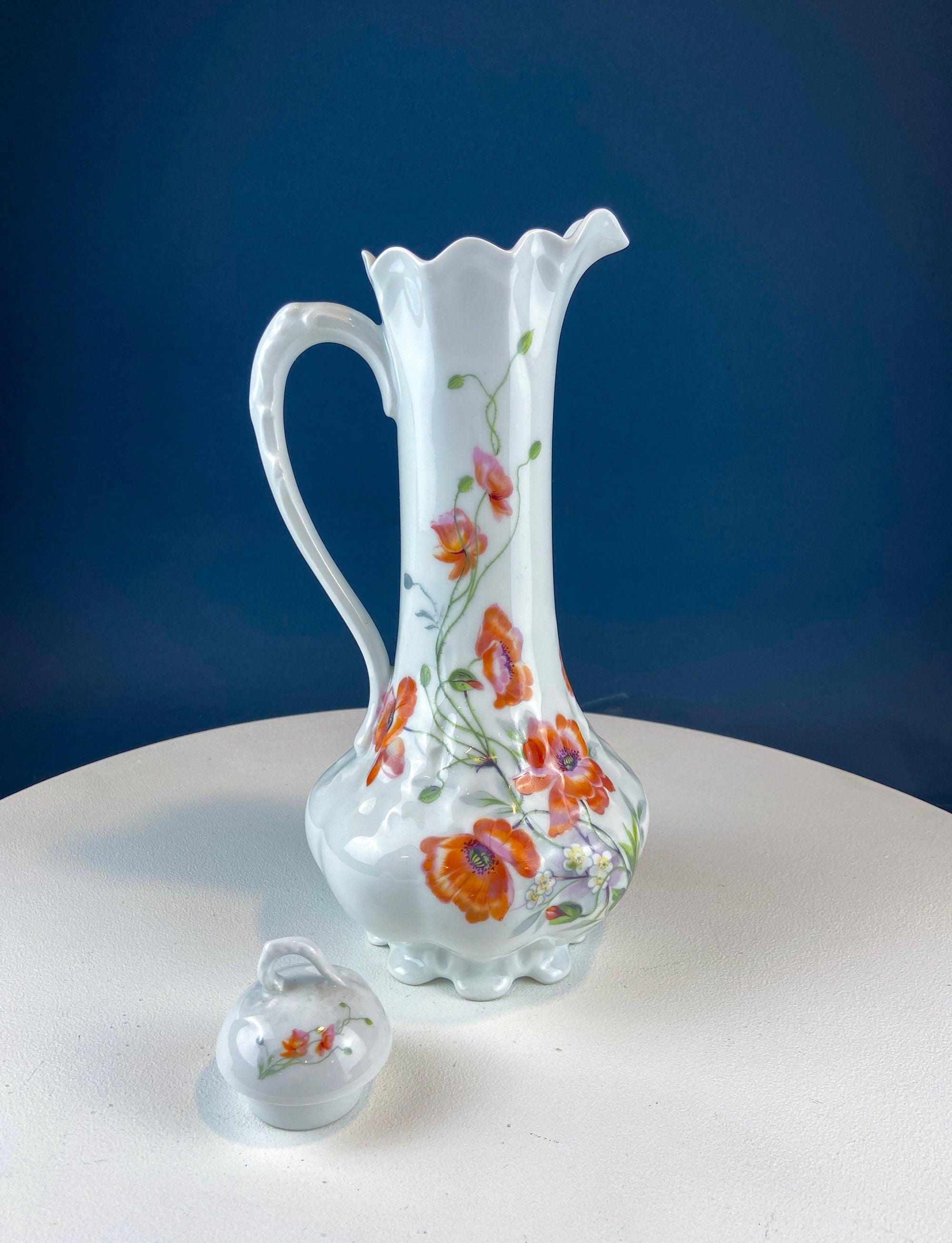 Antique Limoges Coffee Pot or TeaPot. Tall 12-Inch Stunning Vase. Hand-Painted Red Poppies. Beautiful Silhouette. Bohemian Chic.