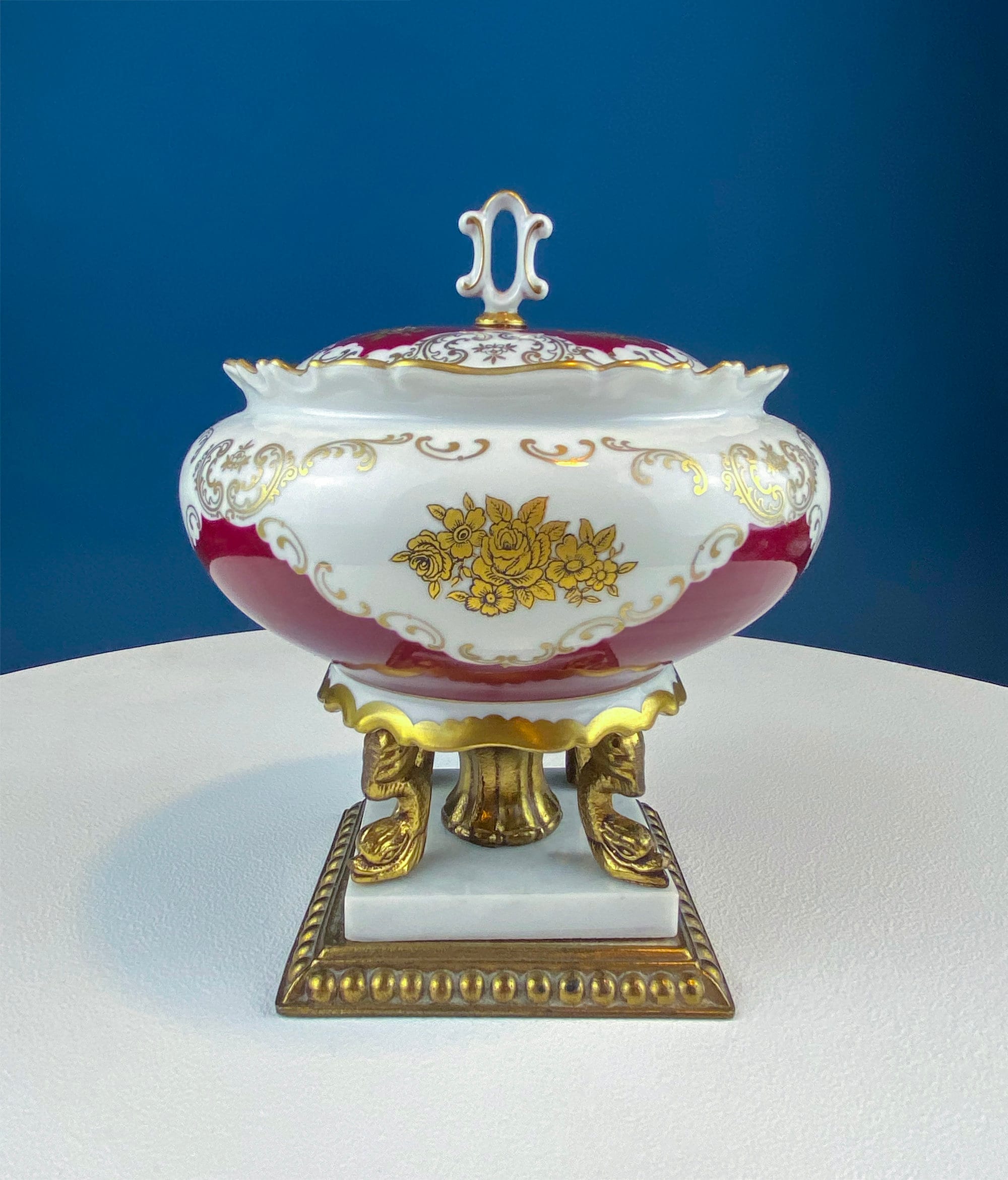 Antique Porcelain Burgundy & Gold Footed Bowl with Marble Base. Hand Painted Roses Storage Dish with Dolphin Feet. Ornate Marble Base.
