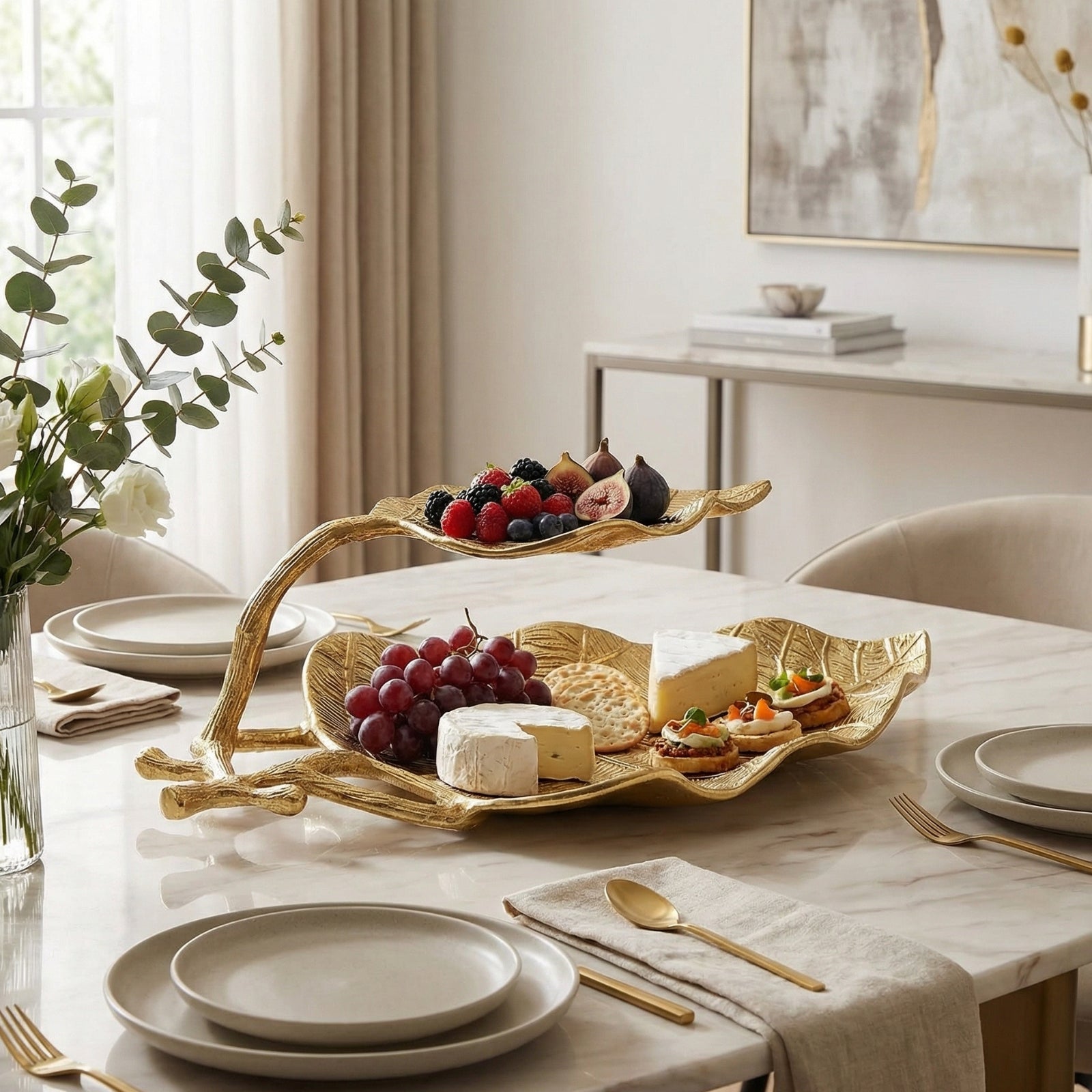 Gold Leaf 2 Tier Serving Centerpiece Tray