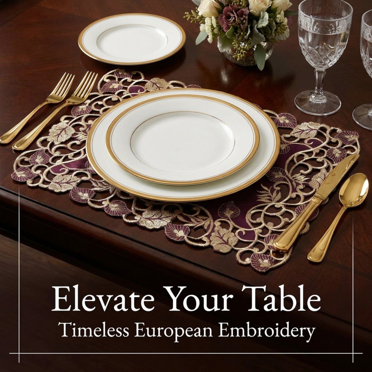 Plum Gold Placemats – Rustic Table Placemats 12x18 inch | Embroidered Dining Decor