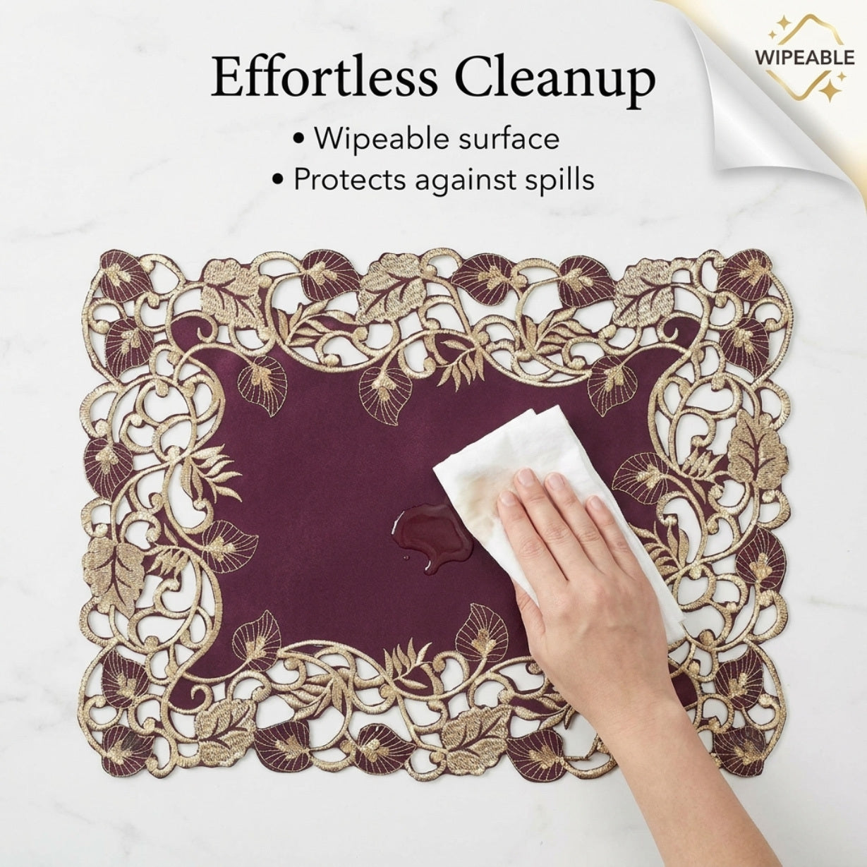 Plum Gold Placemats – Rustic Table Placemats 12x18 inch | Embroidered Dining Decor