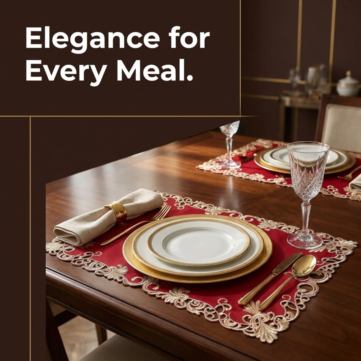 Burgundy Gold Placemats – Embroidered Linen Set | Rustic Vintage Table Decor 12x18 Inch