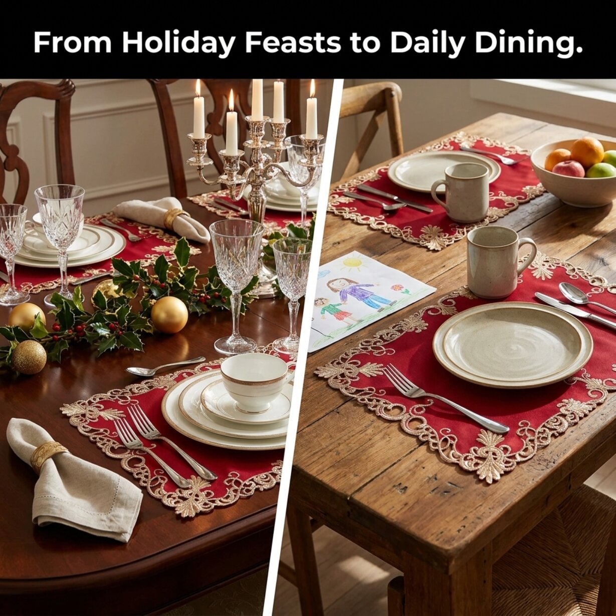 Burgundy Gold Placemats – Embroidered Linen Set | Rustic Vintage Table Decor 12x18 Inch