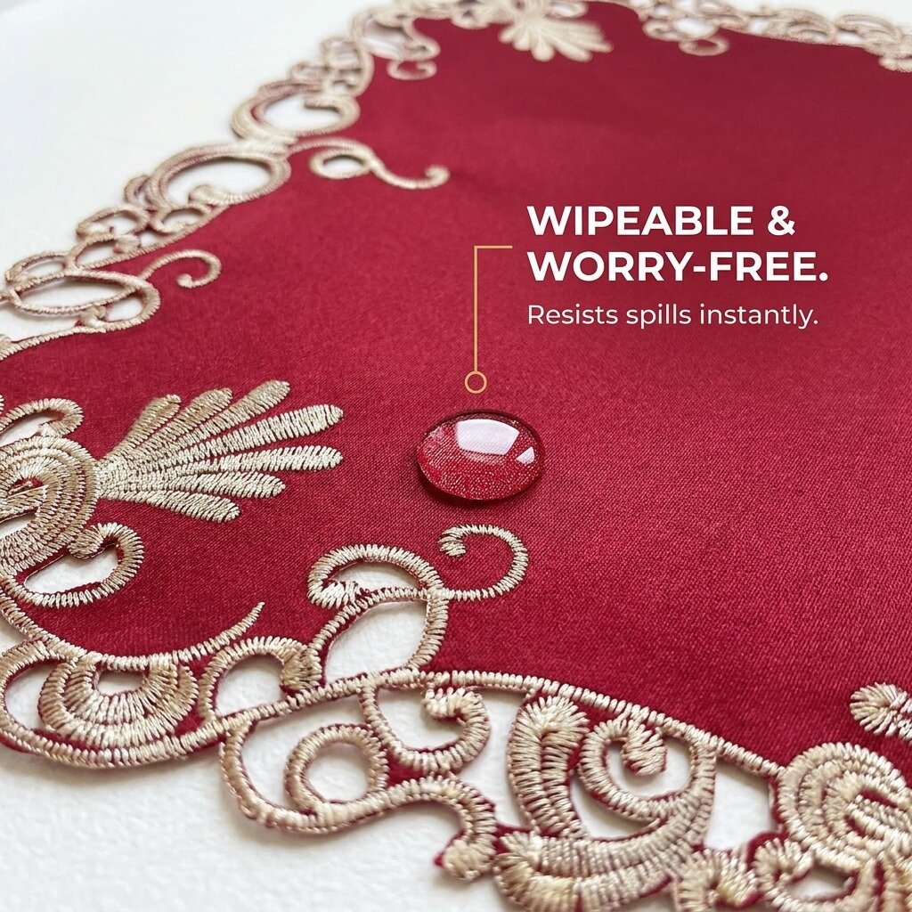 Burgundy Gold Placemats – Embroidered Linen Set | Rustic Vintage Table Decor 12x18 Inch