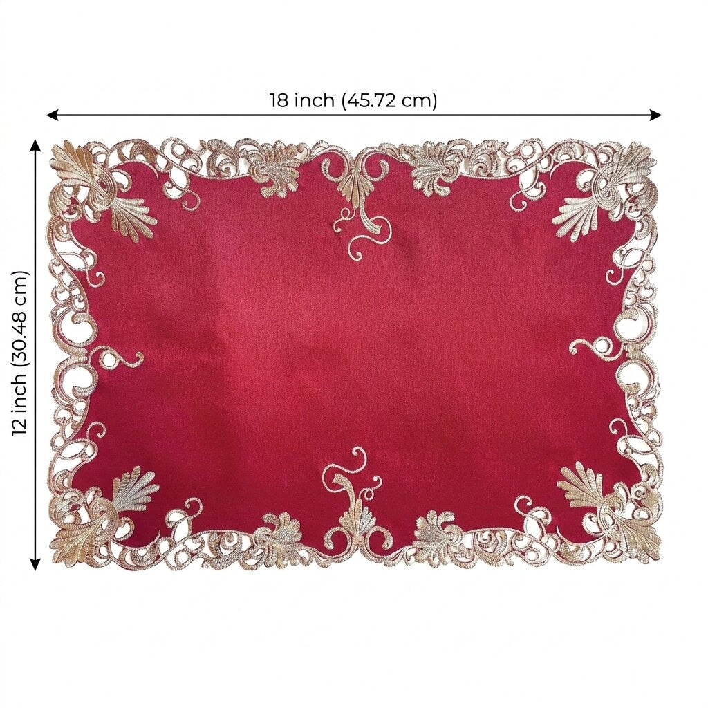 Burgundy Gold Placemats – Embroidered Linen Set | Rustic Vintage Table Decor 12x18 Inch